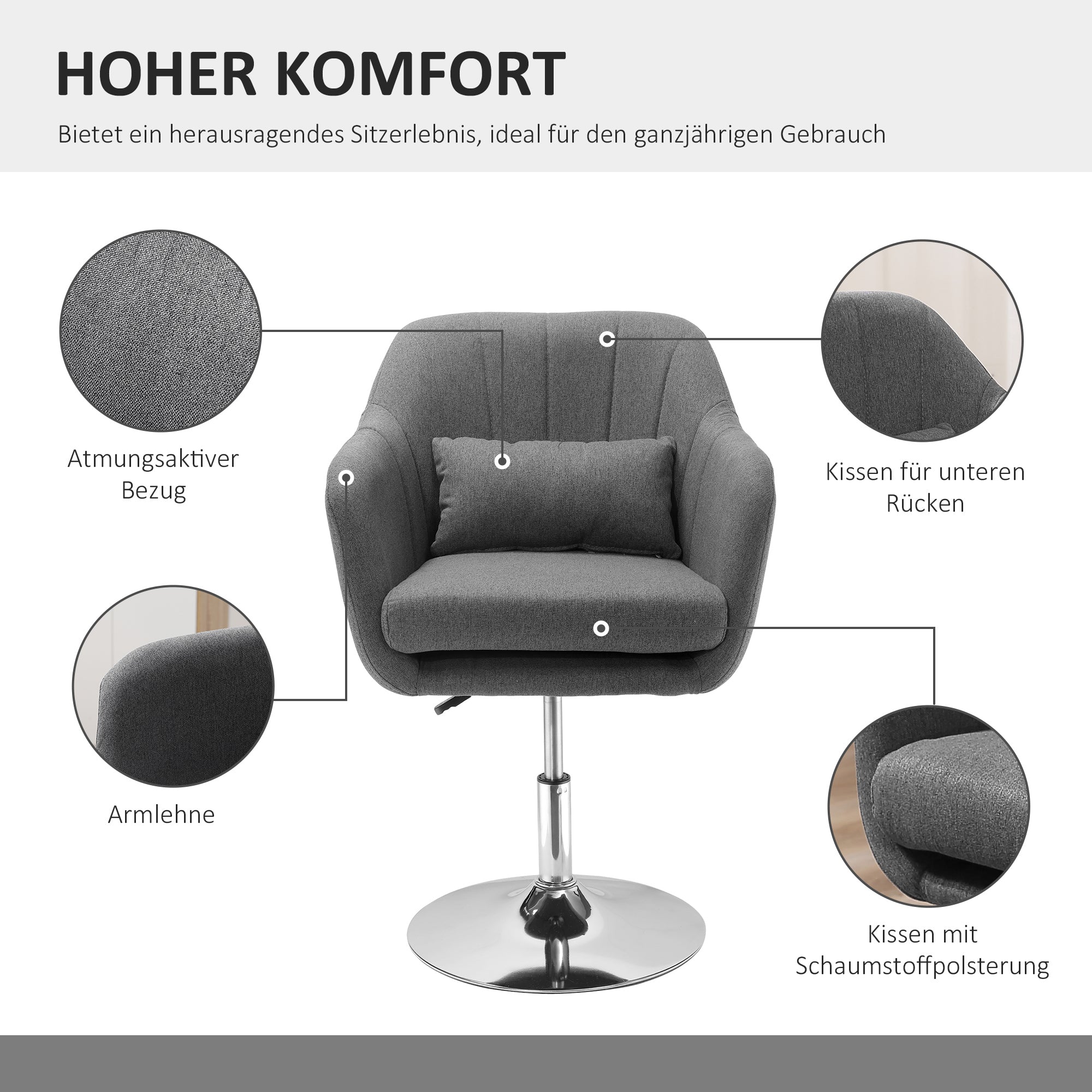 HOMCOM Drehstuhl, höhenverstellbarer Bürostuhl, leinenartiges Polyester, Metall, 60 x 60 x 79-91 cm, Dunkelgrau