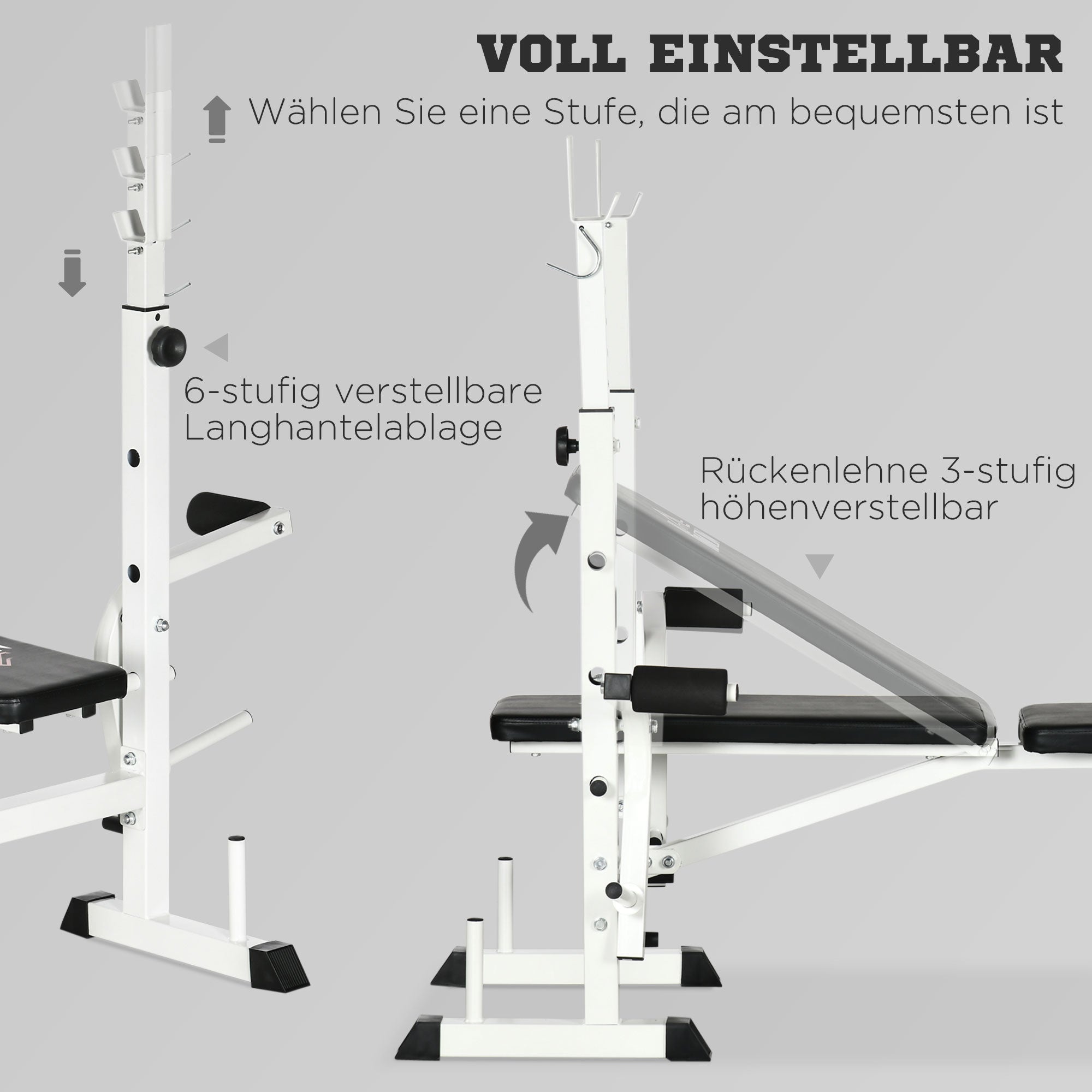 HOMCOM Hantelbank mit Hantelablage, Brustpresse, Beinpresse, Armauflage für Bizepscurls, Stahl, schwarz+weiß