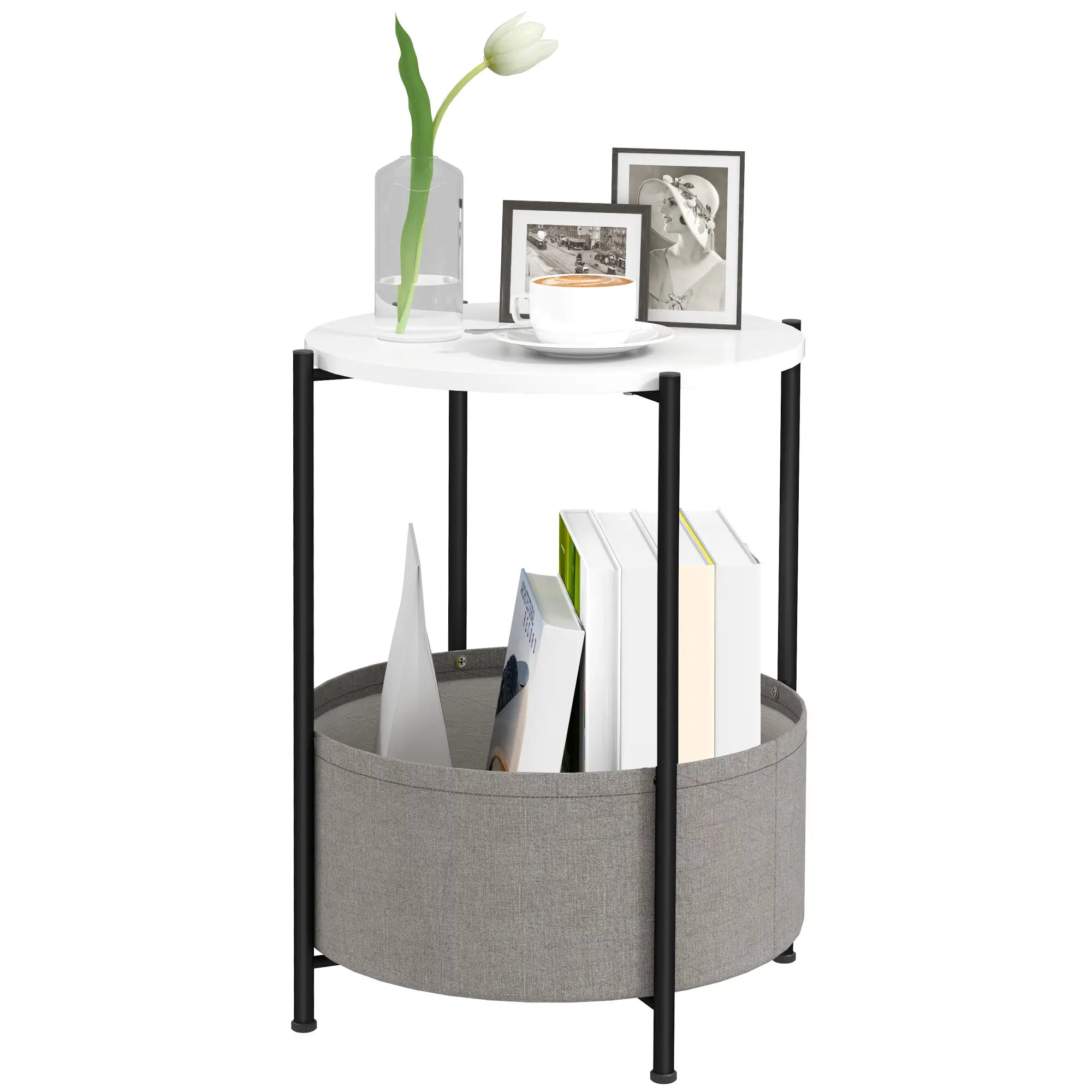 HOMCOM Runder Beistelltisch mit Stoffkorb, 2-stufiger Kaffeetisch für Wohnzimmer, Schlafzimmer, kleine Räume, Metall, Grau+Weiß