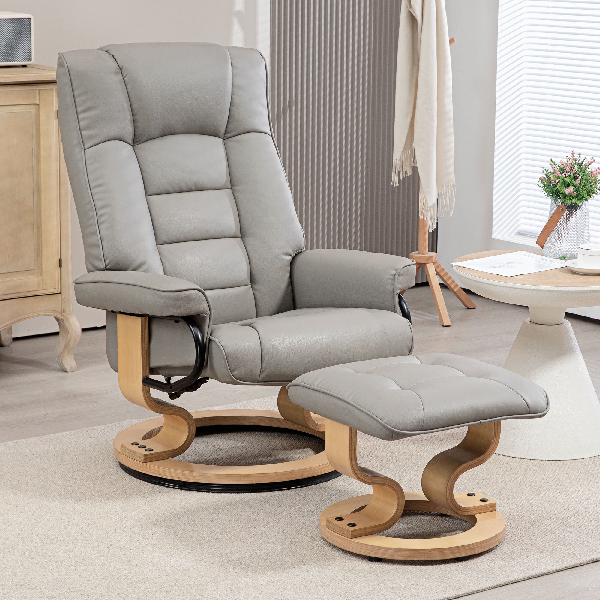 HOMCOM Relaxsessel mit Hocker, drehbar & neigbar, Kunstlederbezug, bis 150 kg, Holzgestell, Grau