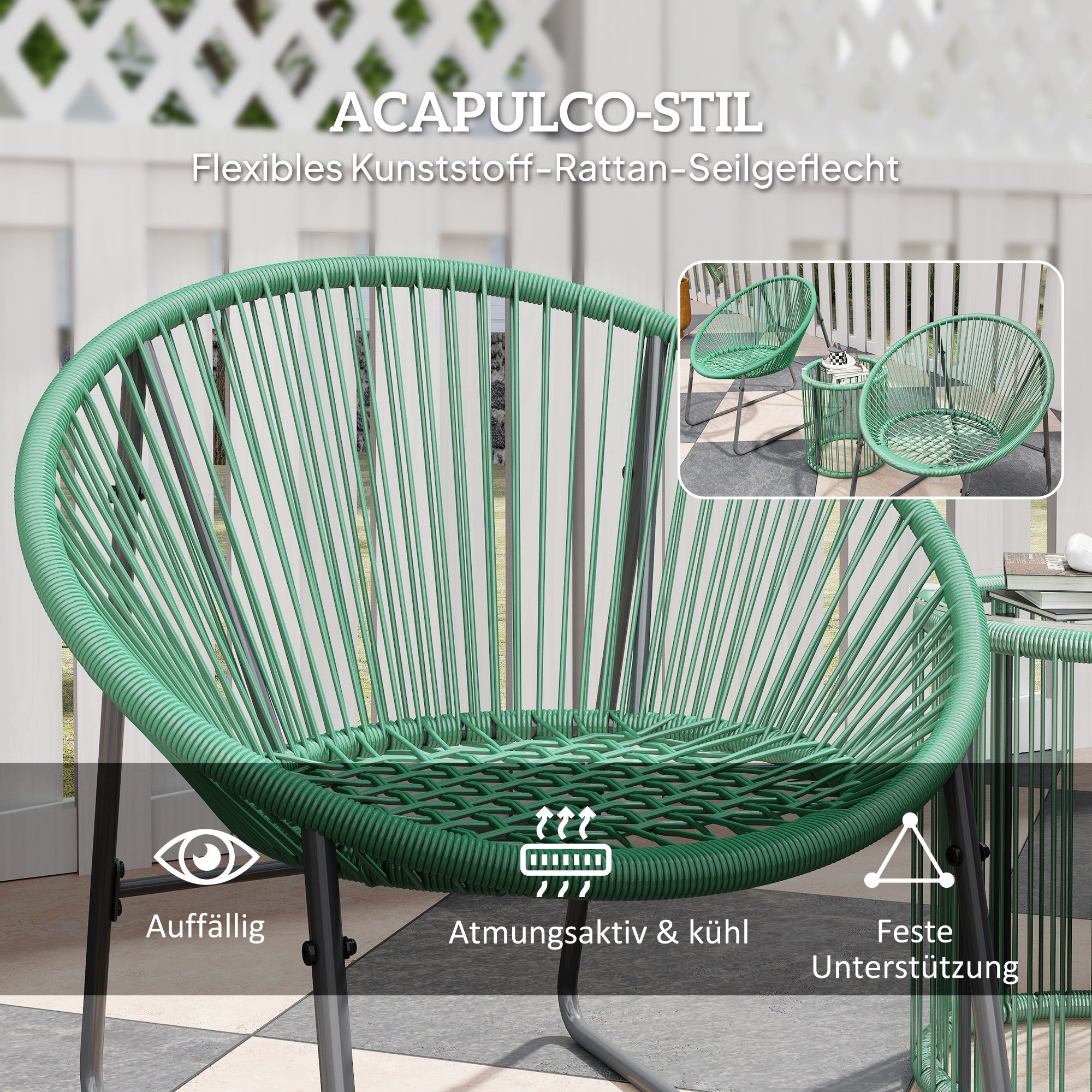 Outsunny 3-teiliges Outdoor-Möbelset, 1 Tisch, 2 Stühle, Glastischplatte, Kunststoff-Rattan um Stahlrahmen, weiche Kissen, Grün