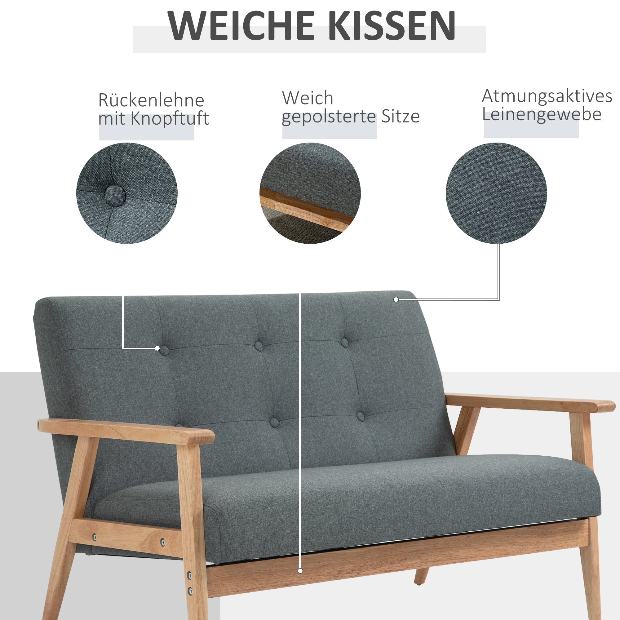 HOMCOM 2-Sitzer Sofa, Couch mit Armlehnen, Rückenkissen, Wohnzimmersofa mit Leinenoptik, Polstersofa für Wohnzimmer, Schlafzimmer 115 x 66,5 x 73 cm, Dunkelgrau