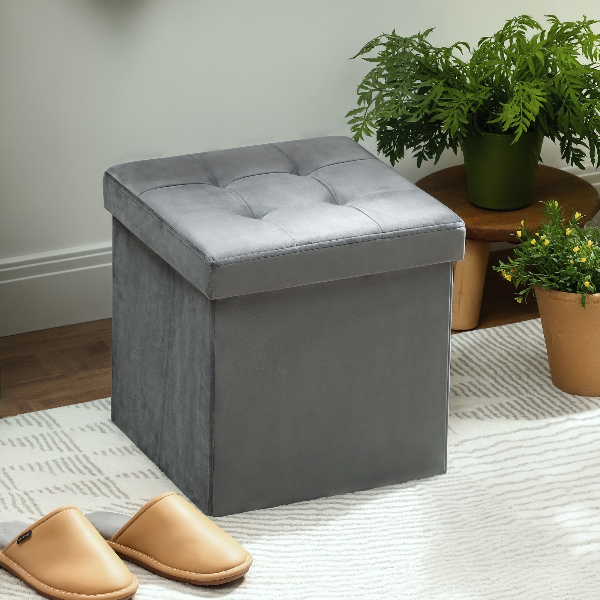 HOMCOM Klappbarer Sitzhocker mit Stauraum, Aufbewahrungsbox, Schaumstoff, MDF, Grau