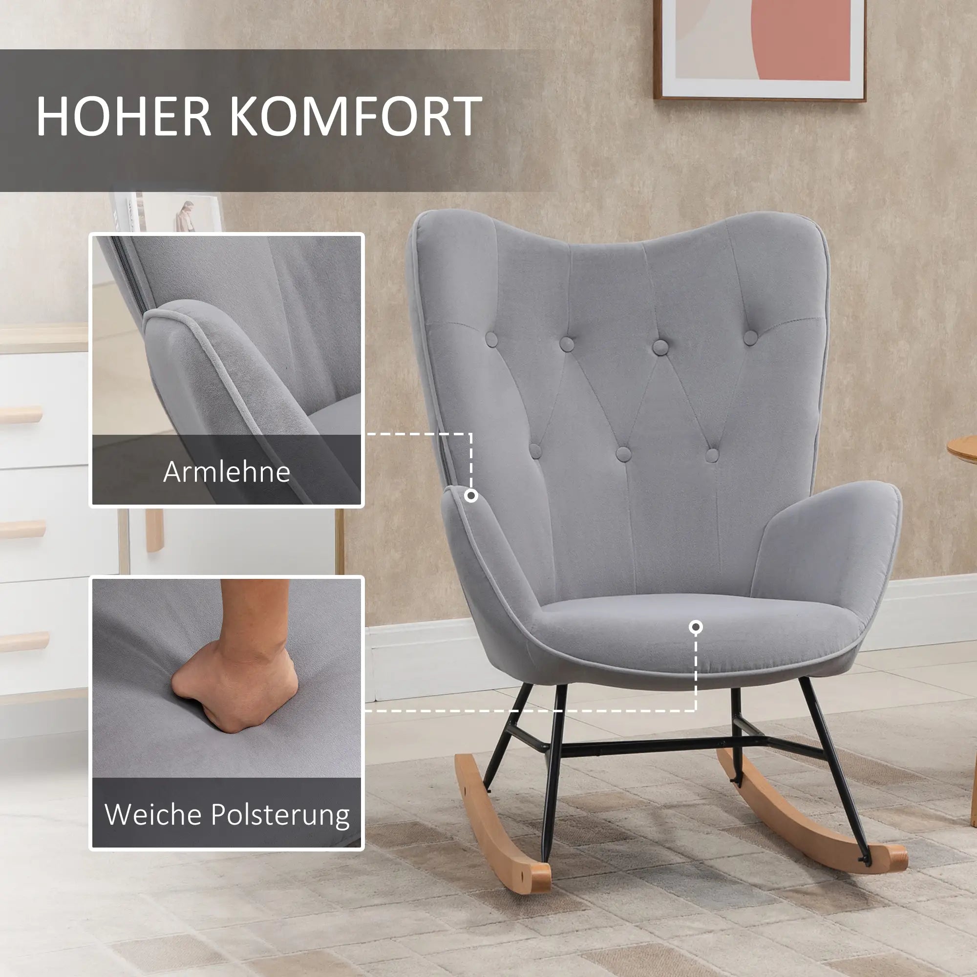 HOMCOM Schaukelstuhl mit Steppung, Holzkufen, Samtoptik, bis 150 kg, Hellgrau