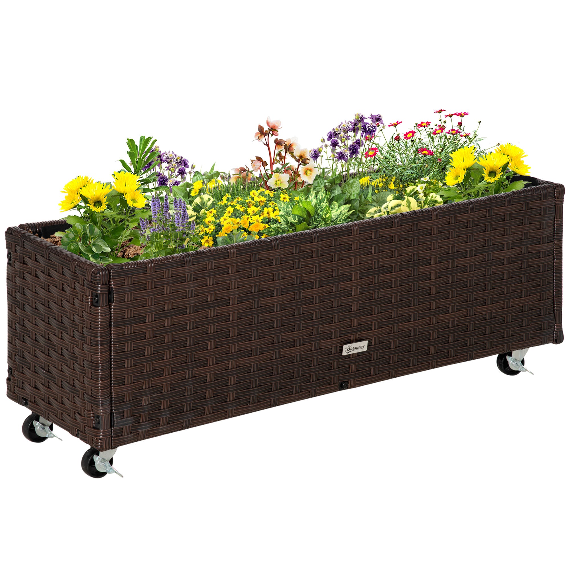 Outsunny Hochbeet Poly Rattan mit Rollen Pflanzkasten mit Abflusslöchern Blumenkasten Blumenkübel Kaffee-Braun 94,5 x 31 x 36 cm