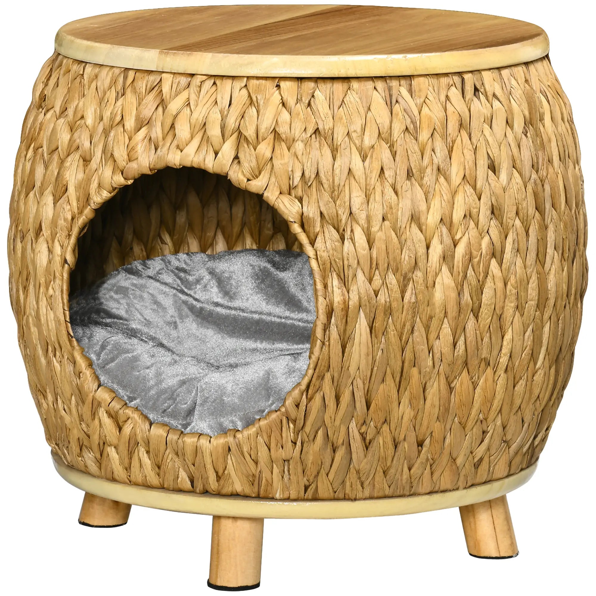 Pawhut Katzenhöhle aus Wasserhyazinthengras, waschbares Kissen,  44 cm x 43 cm x 42 cm  Hellbraun+Naturholz+Grau