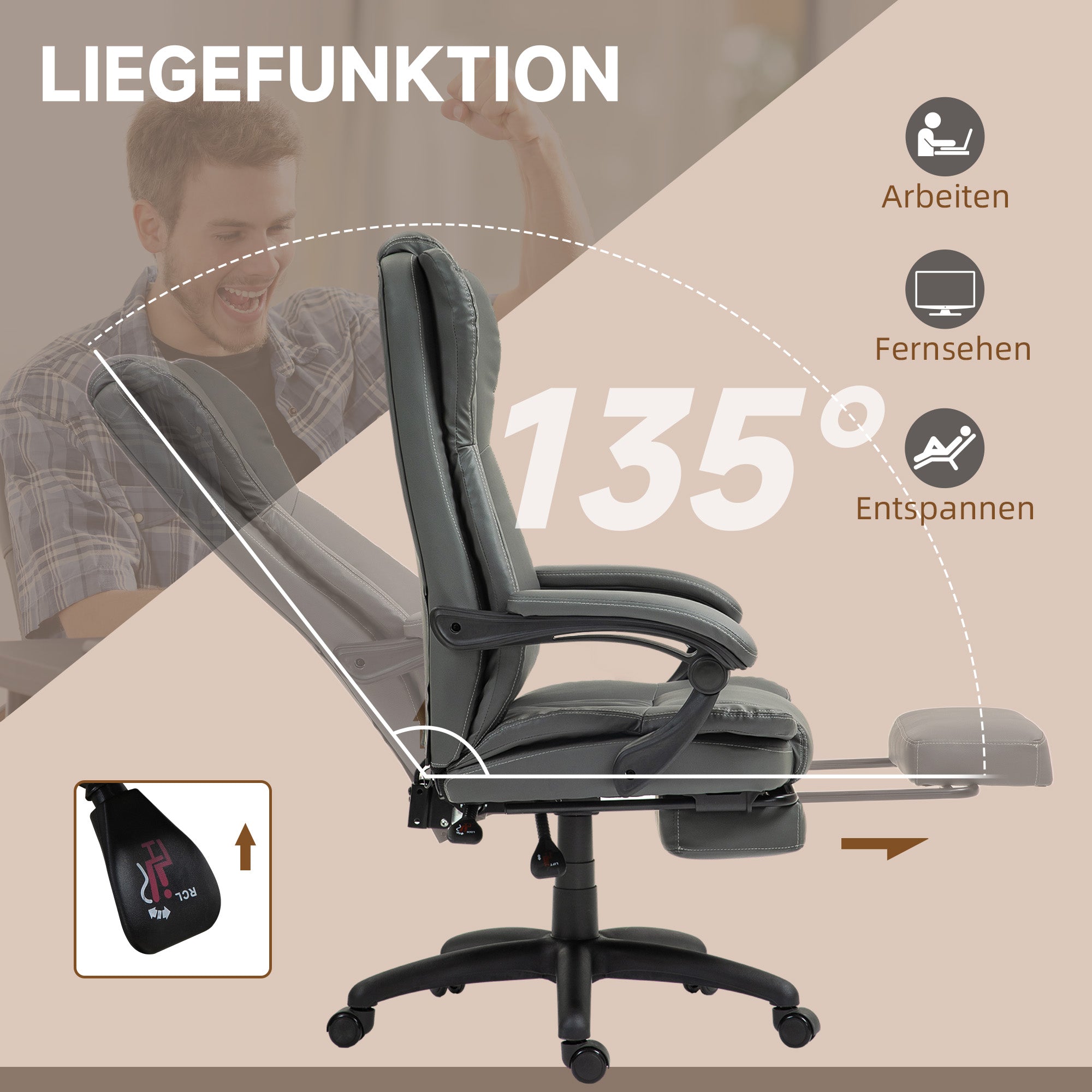 Vinsetto Verstellbarer Drehstuhl mit Fußstütze, Kopfstütze, Massagefunktion, Kunstleder, 68,5x68,5x113-121cm, Dunkelgrau