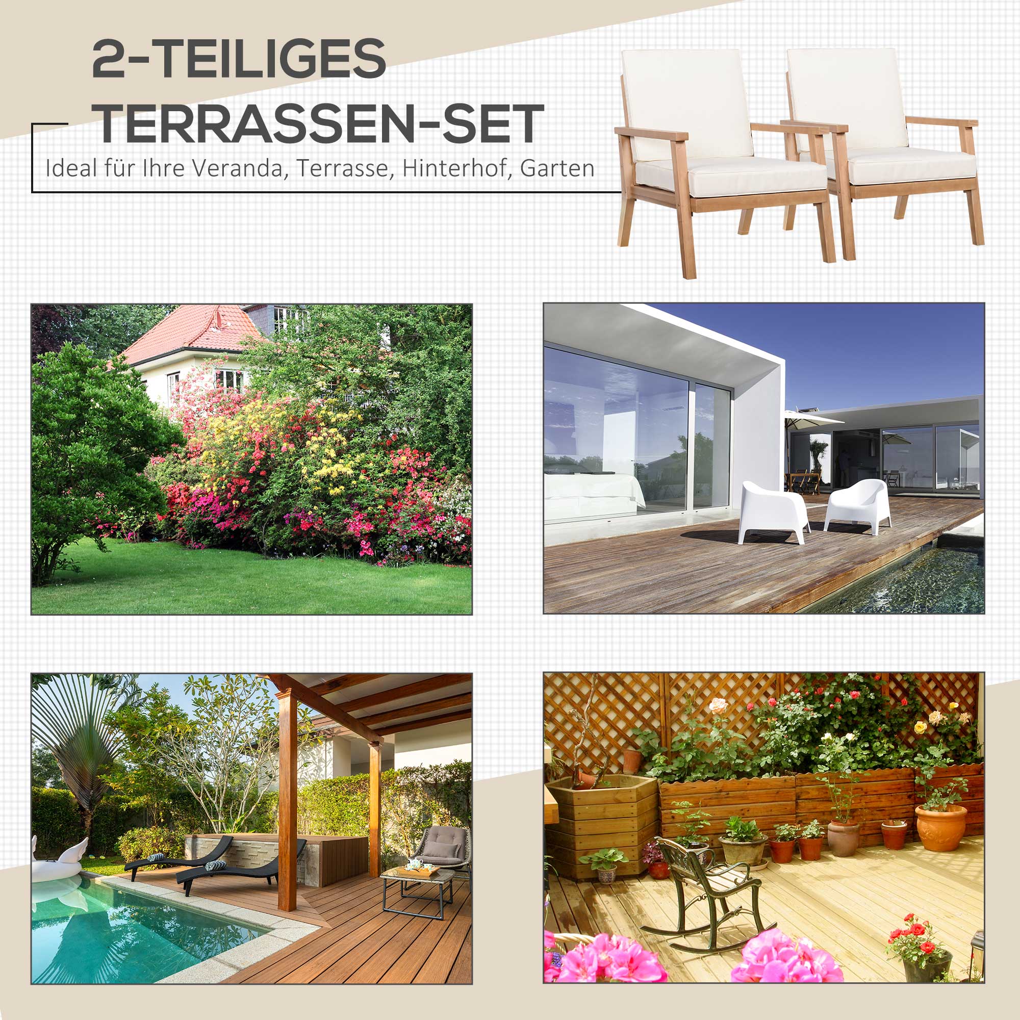 Outsunny 2er-Set Gartenstühle mit Kissen Gartensessel Set Gartenstuhl aus Pappelholz Gartenmöbel Holzstuhl Balkonstuhl Terrassenstuhl Braun+Beige 66 x 77,5 x 74,5 cm