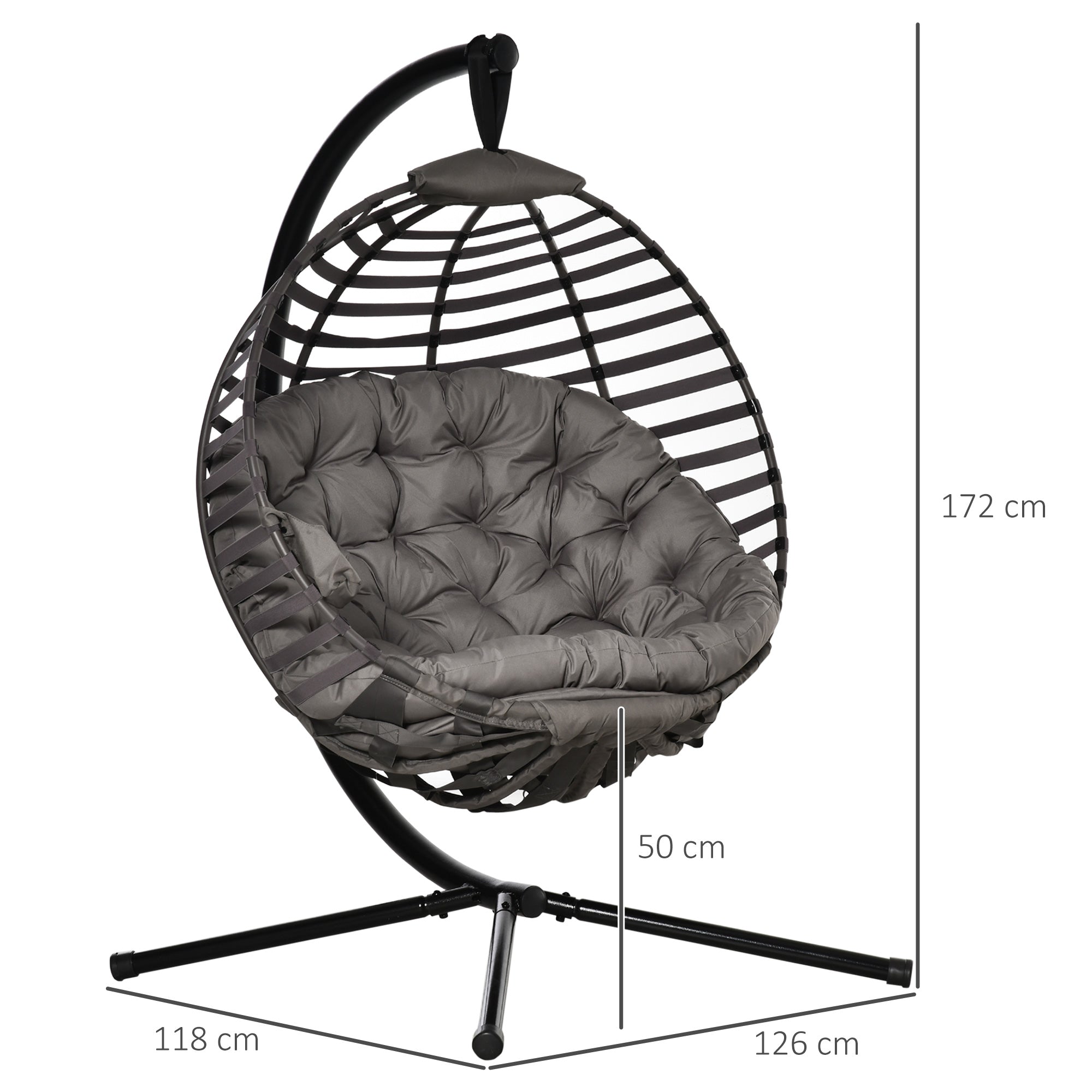 Outsunny Hängesessel mit Gestell, Eiförmiger Hängeschaukel mit weichem Sitzpolstern,faltbar Hängematte für den Außenbereich Schaukelsessel Indoor Outdoor, Terrasse, Garten, Grau