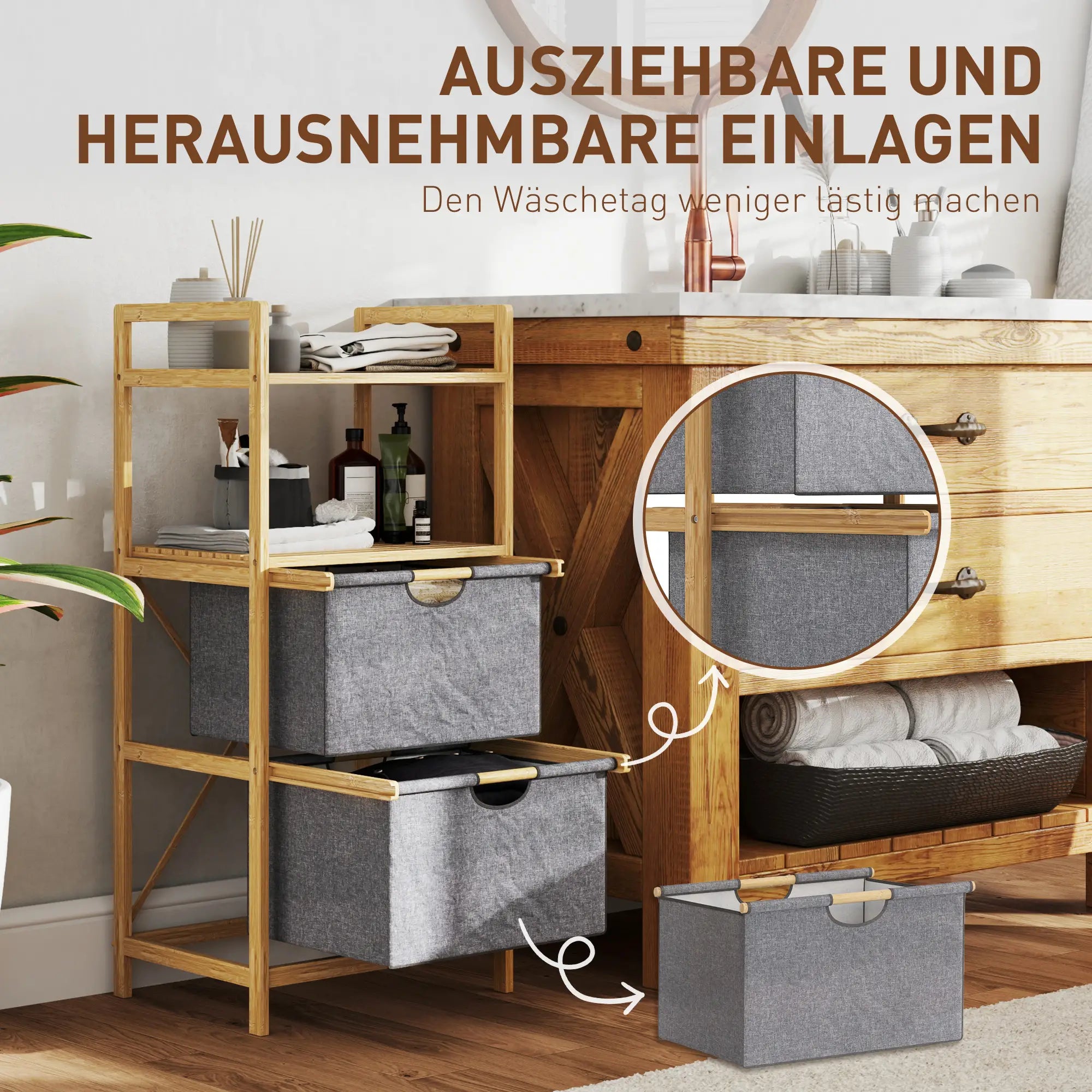 HOMCOM Badregal Wäschekorb 2 Fächer zweistufig Bambus Naturholz