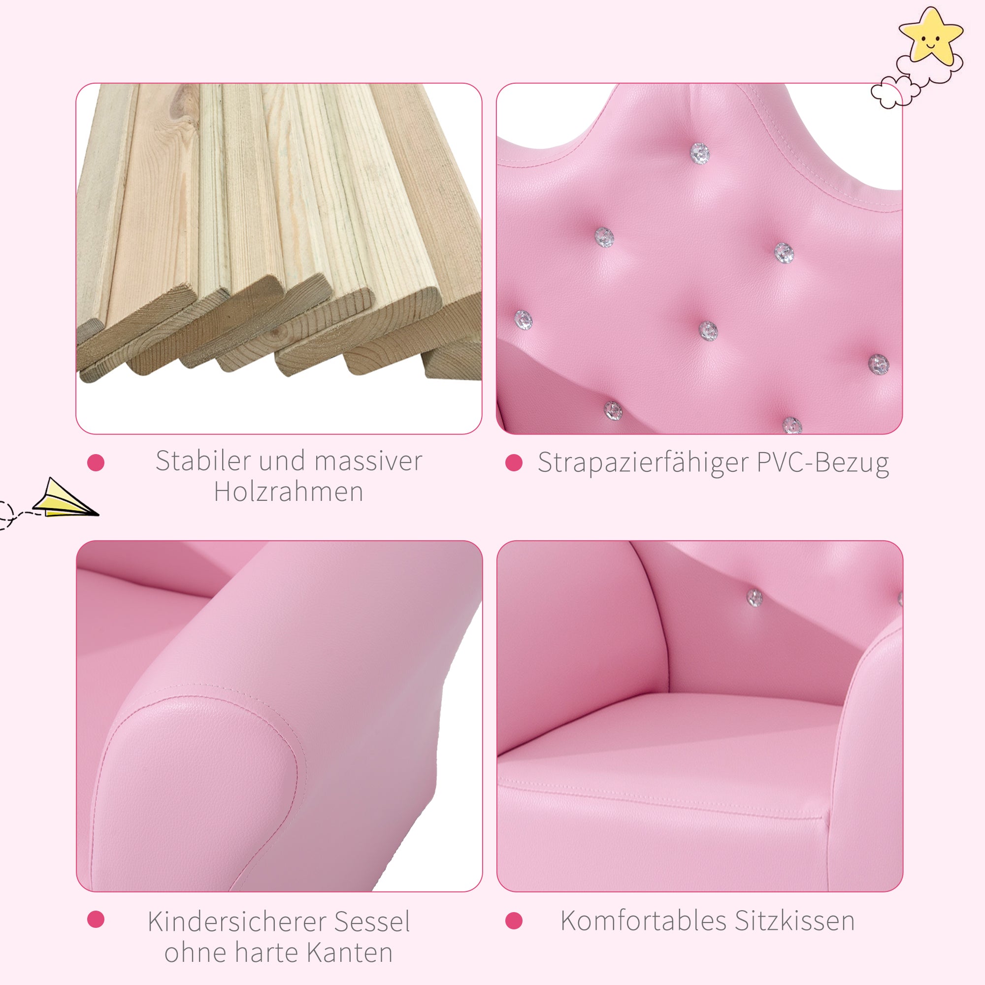 HOMCOM Spielsofa für Kinder, Kindersofa mit Ottomane, Kindercouch Prinzessinnen Spielsofa Kindercouch Mini Couch für Kuschelecke, Kinderzimmer, Spielzimmer, Schlafzimmer, Rosa
