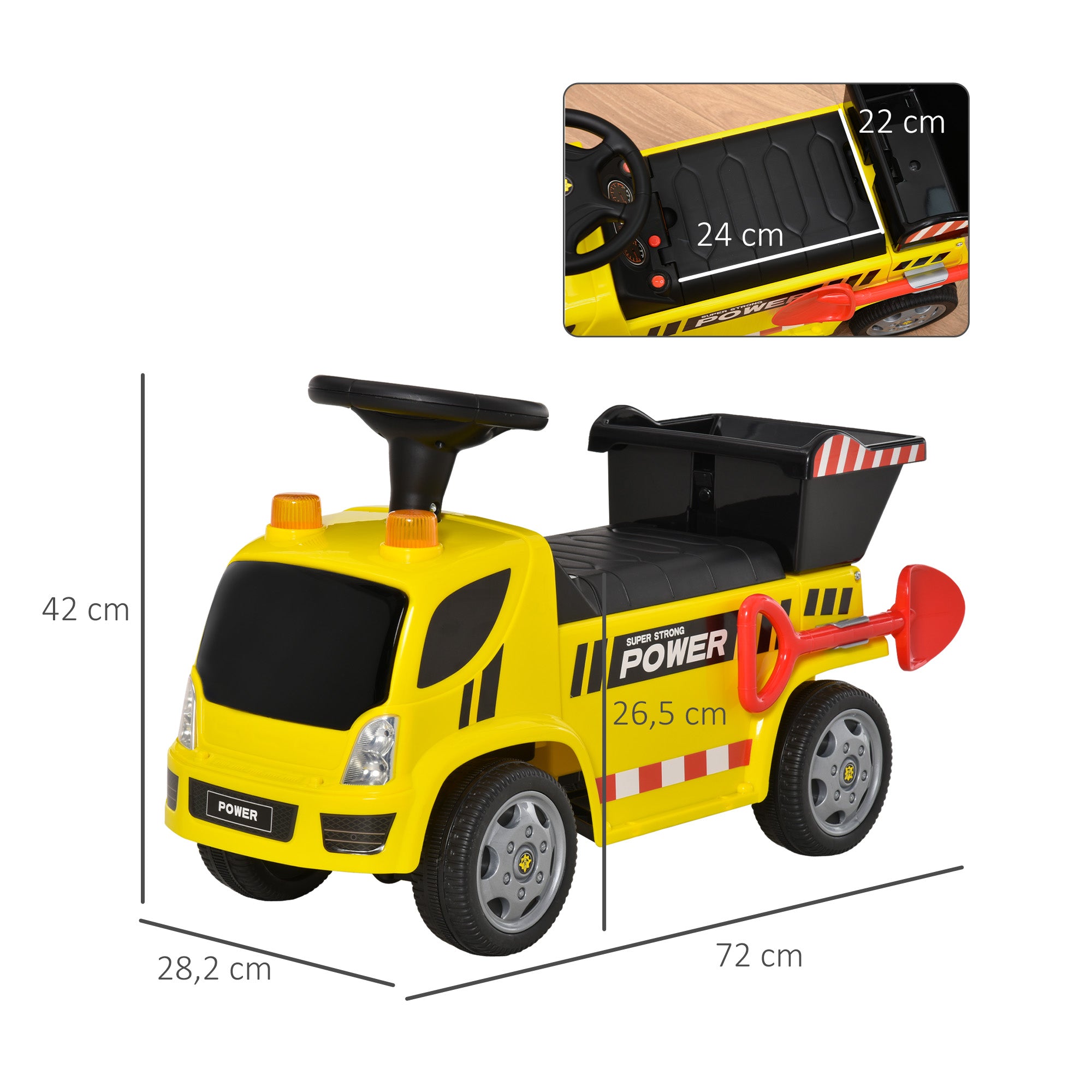 HOMCOM Sitzbagger für Kinder Rutscherfahrzeug mit Kippen Eimer und Schaufel Fuß Rutscherauto unter Sitz Lagerung für Baby 18-36 Monaten Metall PP-Kunststoff Gelb 72 x 28,2 x 42 cm