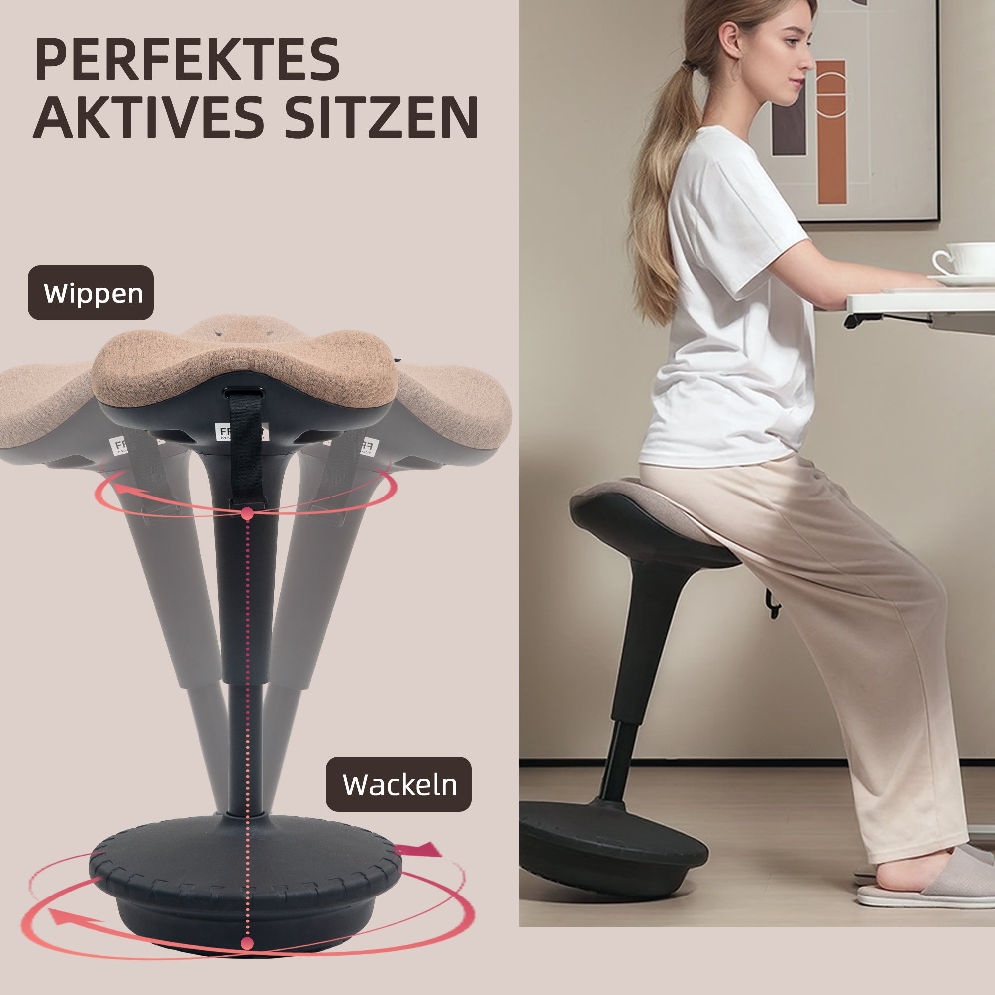 HOMCOM Balancehocker, beweglicher Sitz, drehbar, höhenverstellbar, ergonomisch, 34 x 34 x 68,5-83,5 cm, Braun