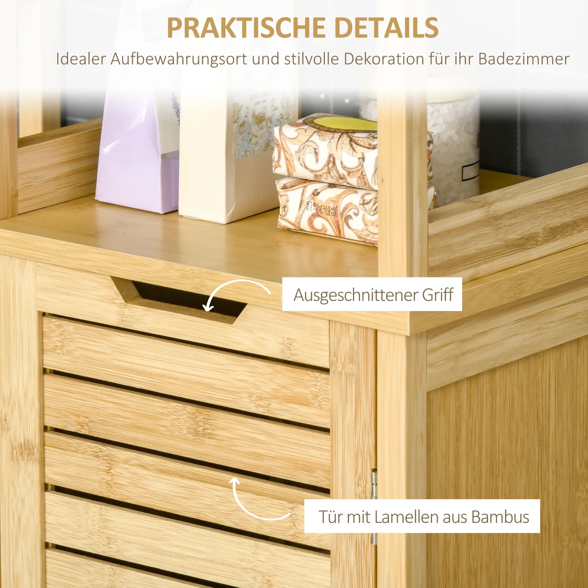 kleankin Badezimmerschrank Hochschrank viel Stauraum Lamellentür Bambus
