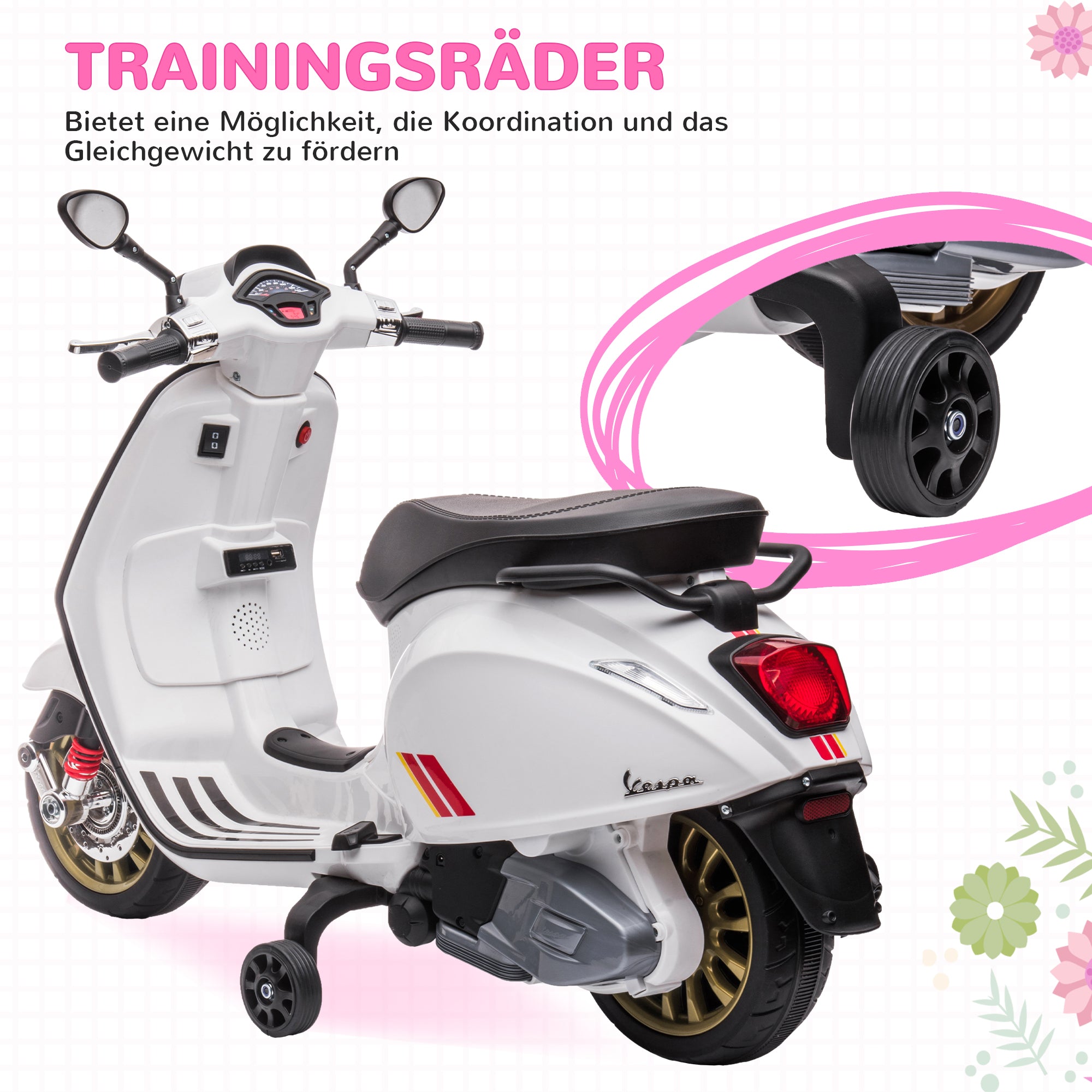 AIYAPLAY Elektro-Kindermotorrad, Vespa, 3 km/h, 3-6 Jahre, Musik, Licht & Radio, Weiß
