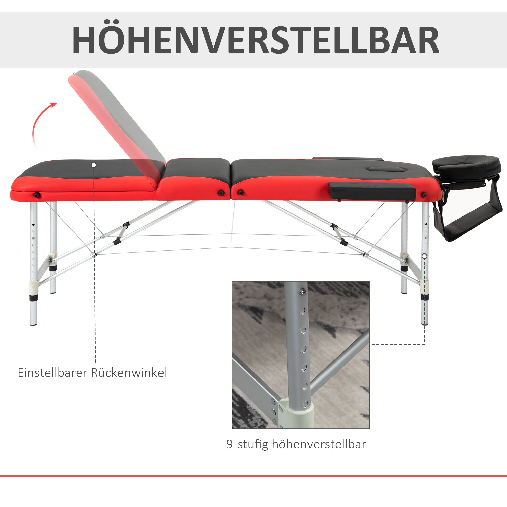 HOMCOM Massageliegen klappbar Kosmetikliegen höhenverstellbarer Massagetisch Massagebett Aluminium Schaumstoff Kunststoff Schwarz+Rot 215 x 81 x 61-84 cm