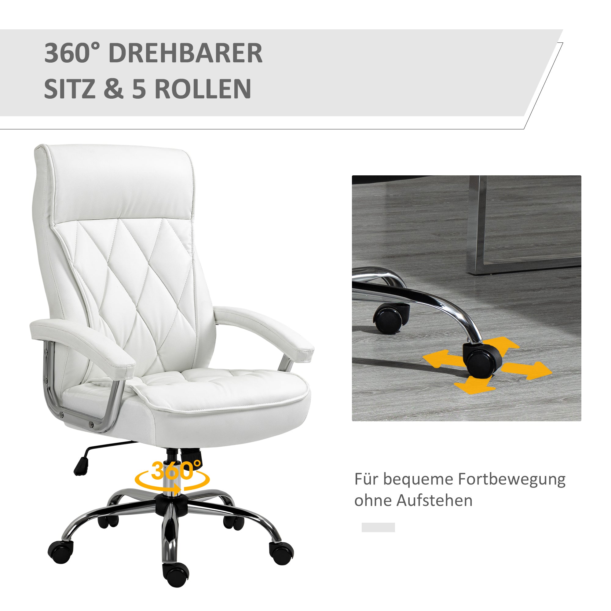 Vinsetto Bürostuhl, ergonomischer Schreibtischstuhl, höhenverstellbarer Drehstuhl mit Wippfunktion, Rautenmuster, Kunstleder, gepolsterter Chefsessel, Weiß