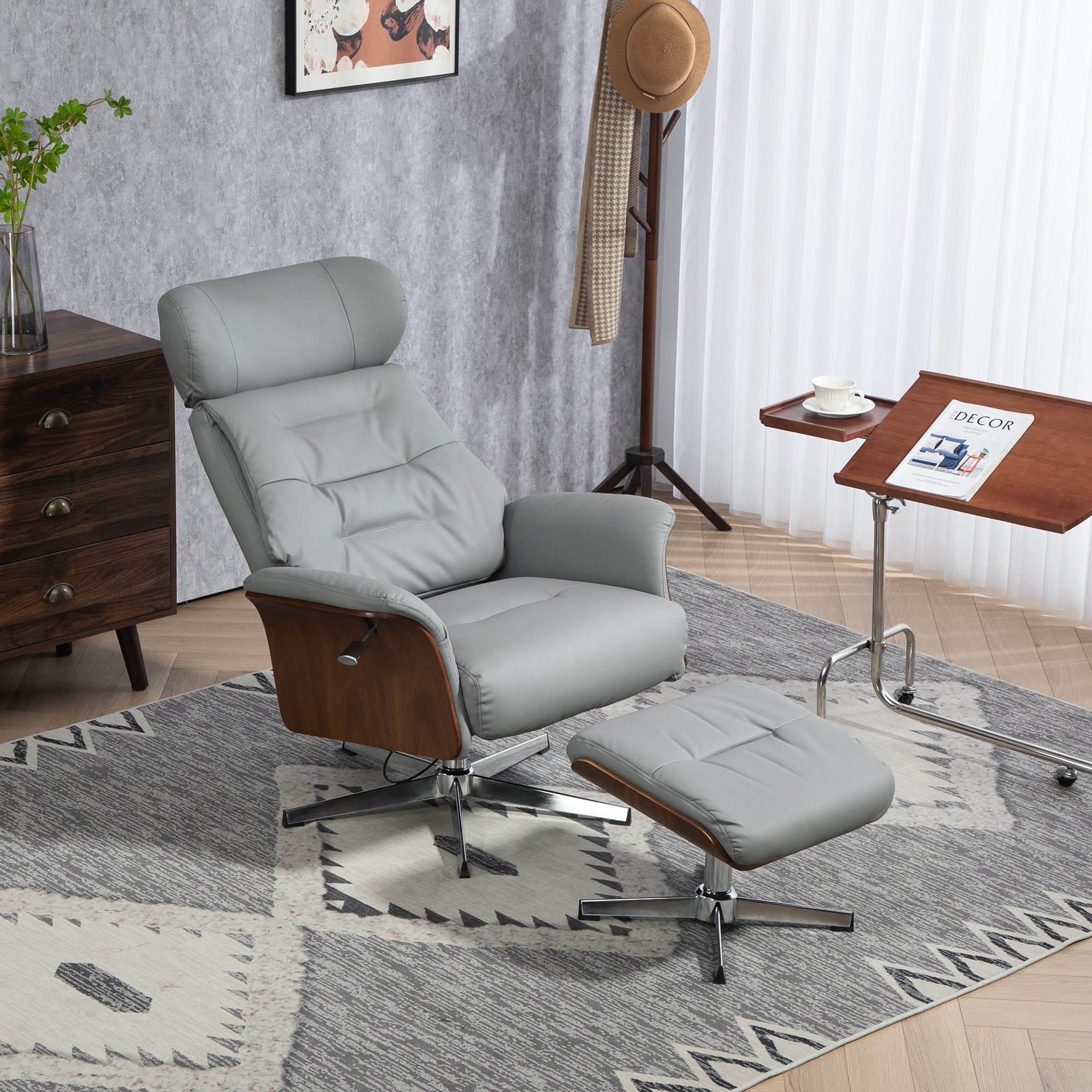 HOMCOM Relaxsessel mit Hocker, Liegefunktion, drehbar, Lederoptik, bis 150 kg, Hellgrau