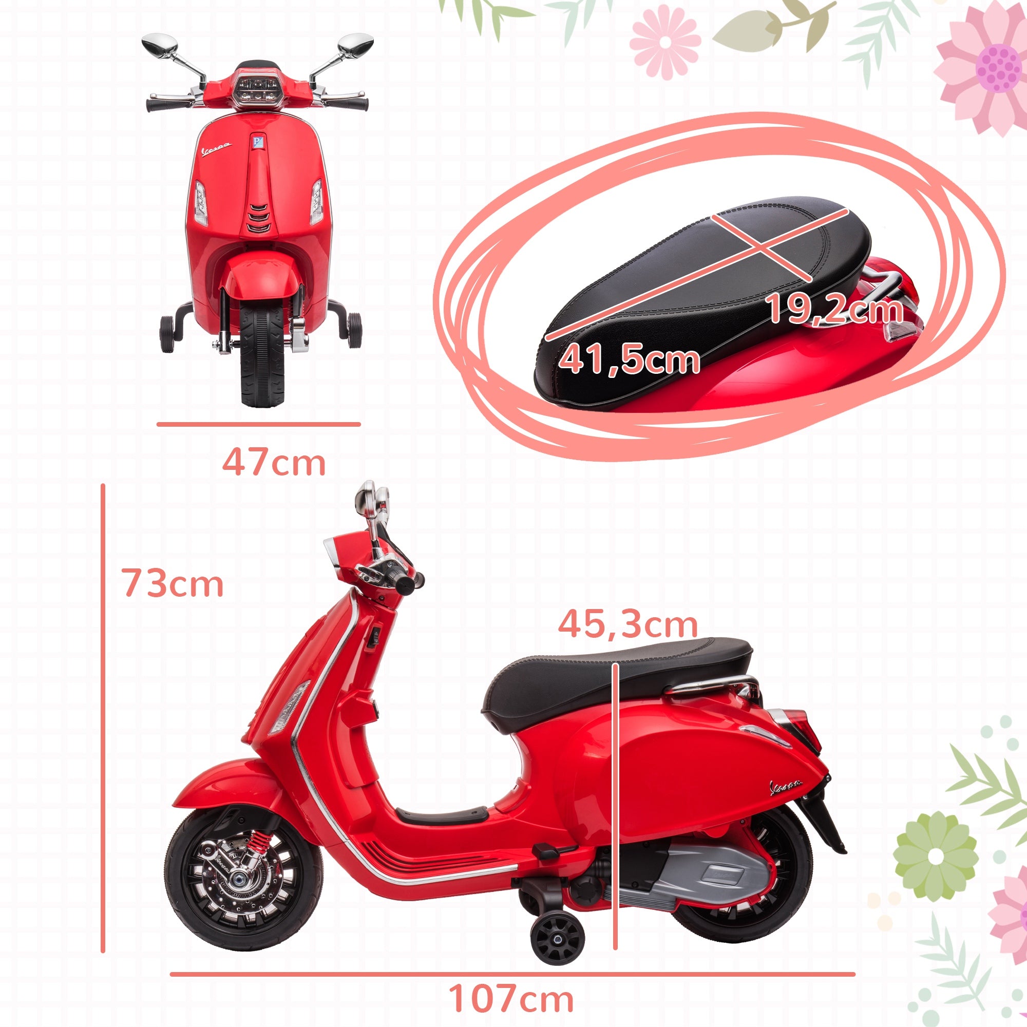 AIYAPLAY Elektro-Motorroller für Kinder, Vespa, Musik & Scheinwerfer, 107x47x73 cm, Rot