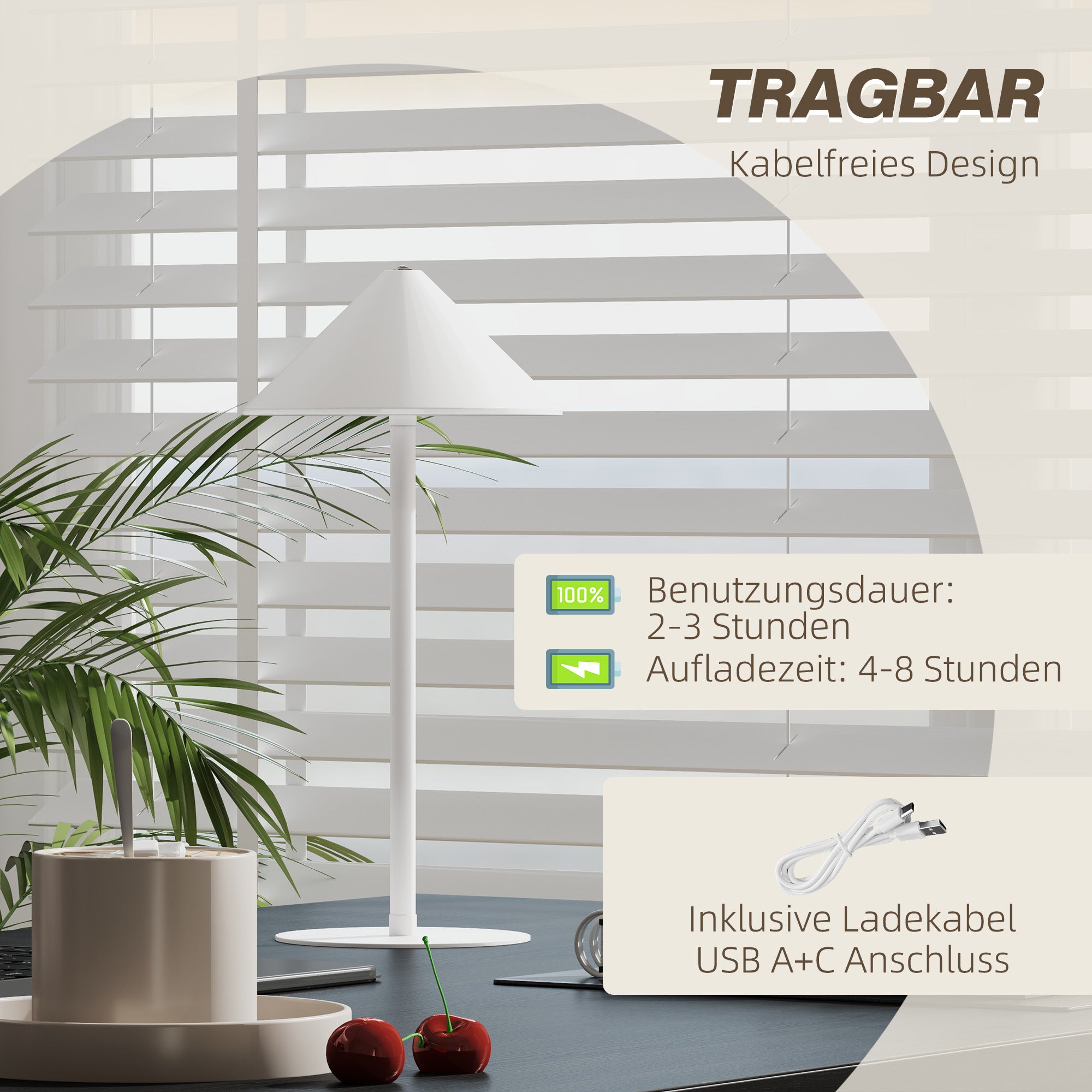 HOMCOM LED-Tischlampe mit USB-Kabel, Touchschalter, Metall, wiederaufladbar, Weiß