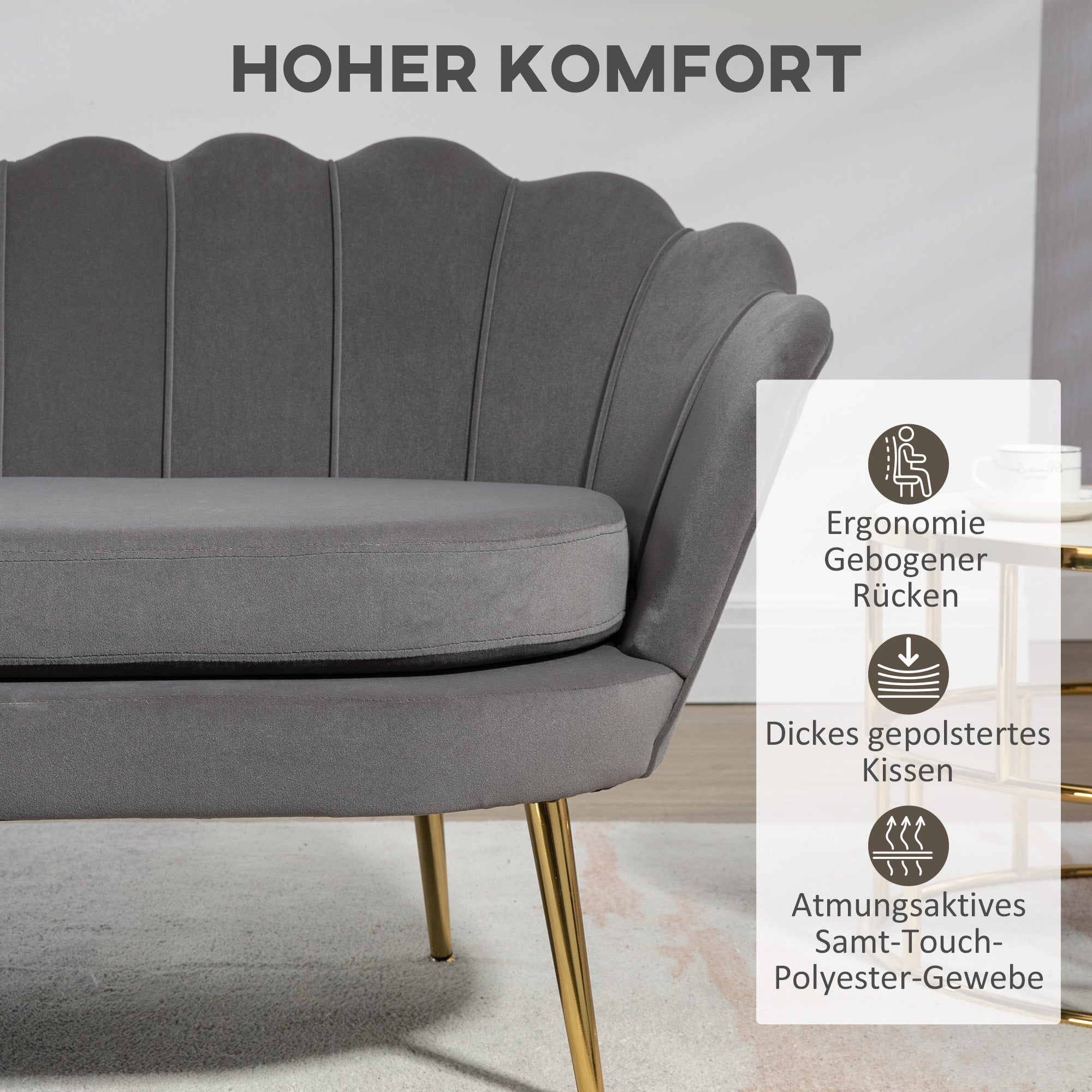 HOMCOM 2-Sitzer Stoffsofa Zweisitzer Loungesofa mit weichen und großzügigen Kissen Polstersofa Sitzmöbel Polstermöbel Designsofa elegant Samt Polyester Grau 133 x 63 x 75 cm