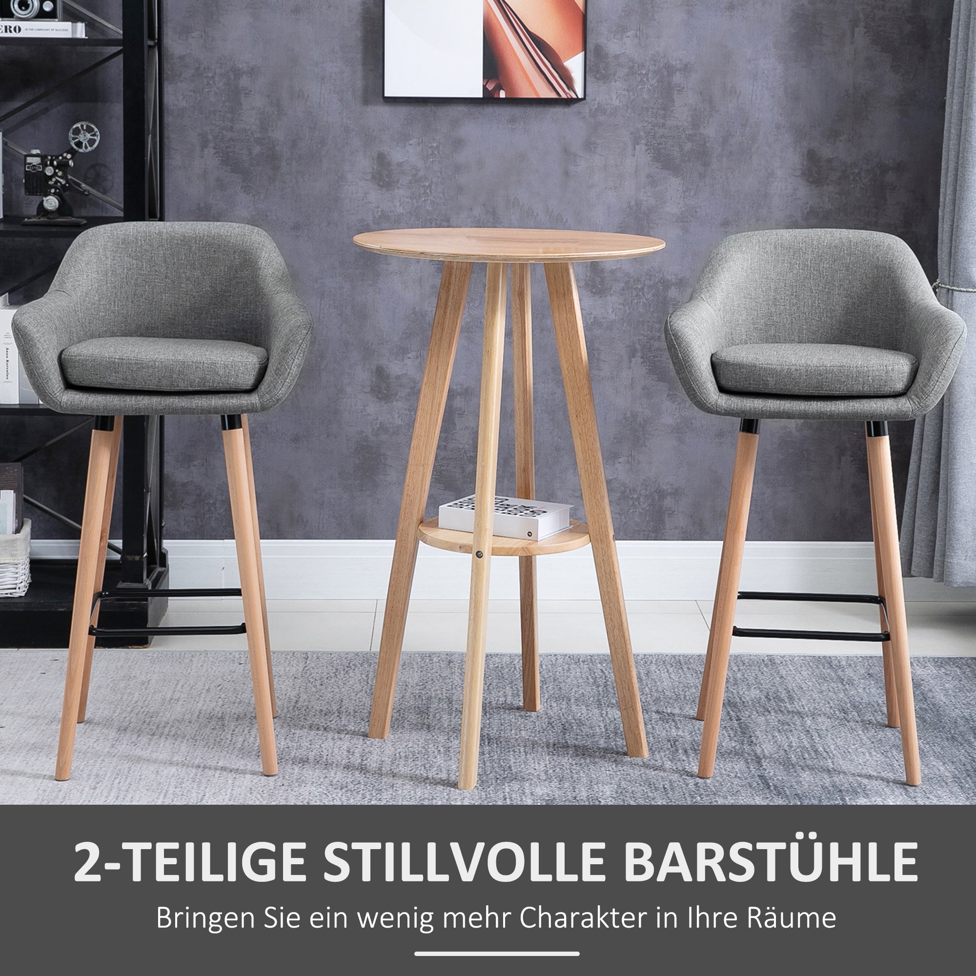 HOMCOM 2er-Set Barhocker, inkl. Fußstütze, Massivholz, 55 cm x 48c m x 100 cm,  Grau