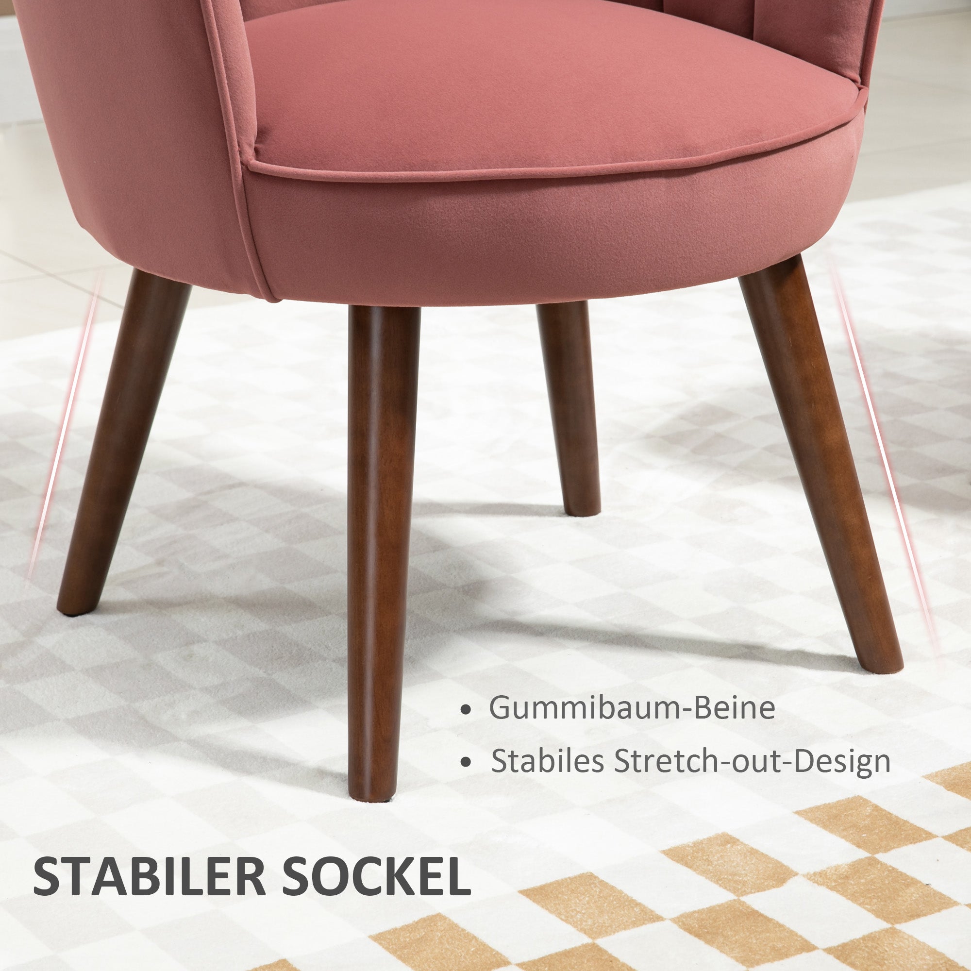 HOMCOM Sessel Wohnzimmer Loungesessel in Muschelform Relaxsessel mit Holzbeine, Polstersessel Lesesessel mit Samtoptik, Polsterstuhl für Schlafzimmer Rosa