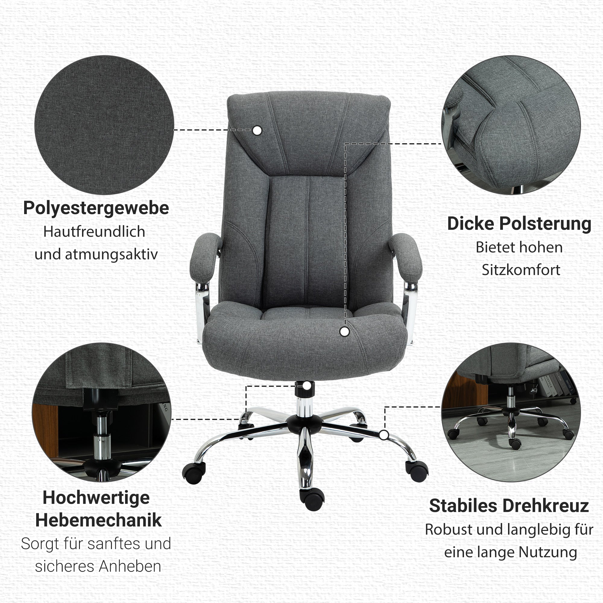 Vinsetto Bürostuhl mit Wippfunktion ergonomischer Stuhl mit gepolsterte Armlehne Kopfstütze höhenverstellbarer Schreibtischstuhl Drehstuhl mit Rückenlehne Nylon Grau 65 x 78 x 110-118 cm