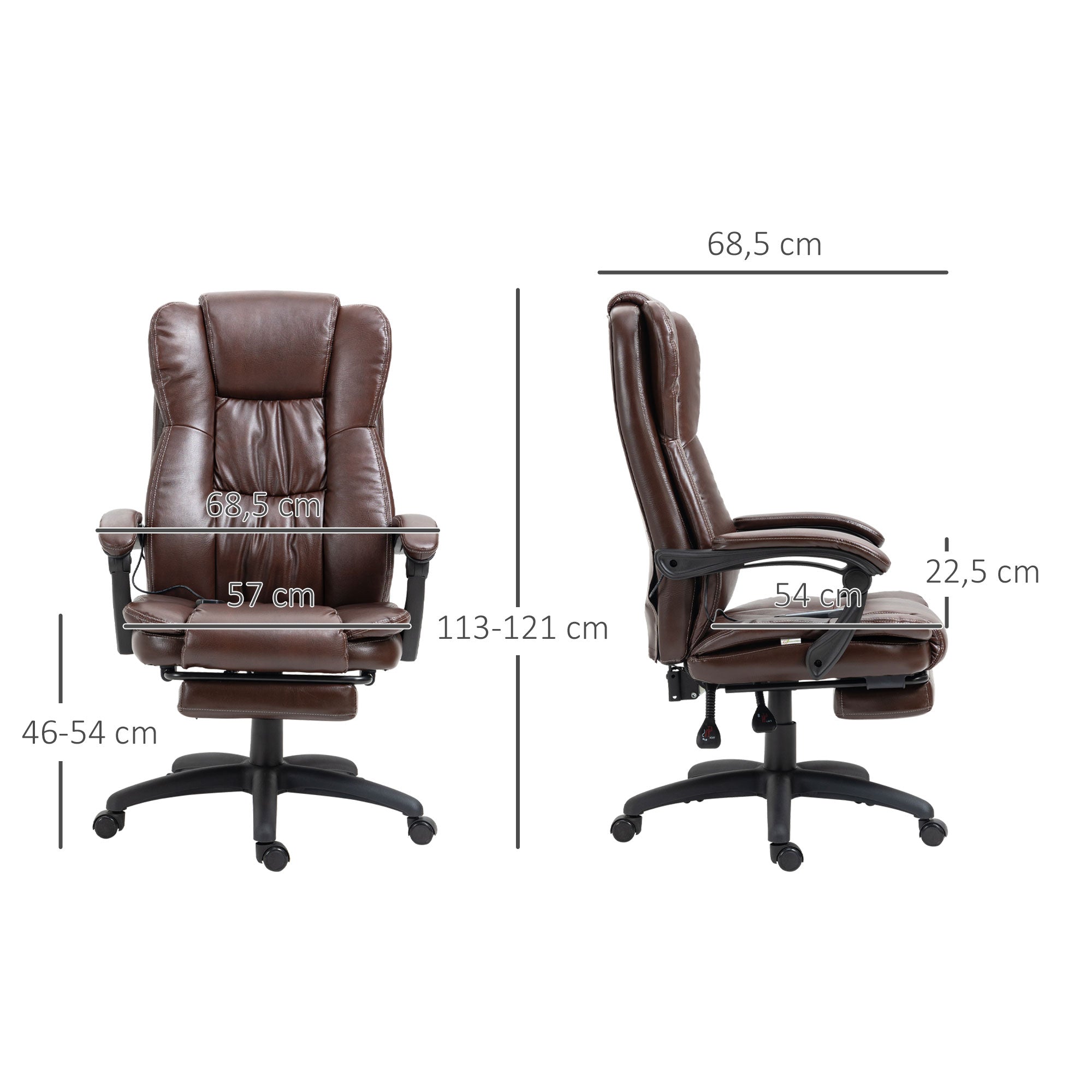Vinsetto Verstellbarer Drehstuhl mit Fußstütze, Kopfstütze, Massagefunktion, Kunstleder, 68,5x68,5x113-121cm, Braun
