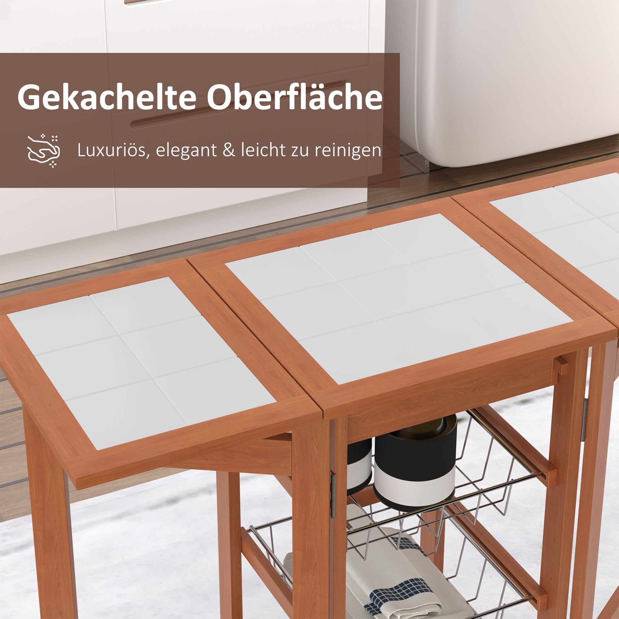 HOMCOM Servierwagen, Küchenwagen, zwei klappbare Seitenelemente, Keramikplatte, Kiefernholz, 91 x 37 x 75cm
