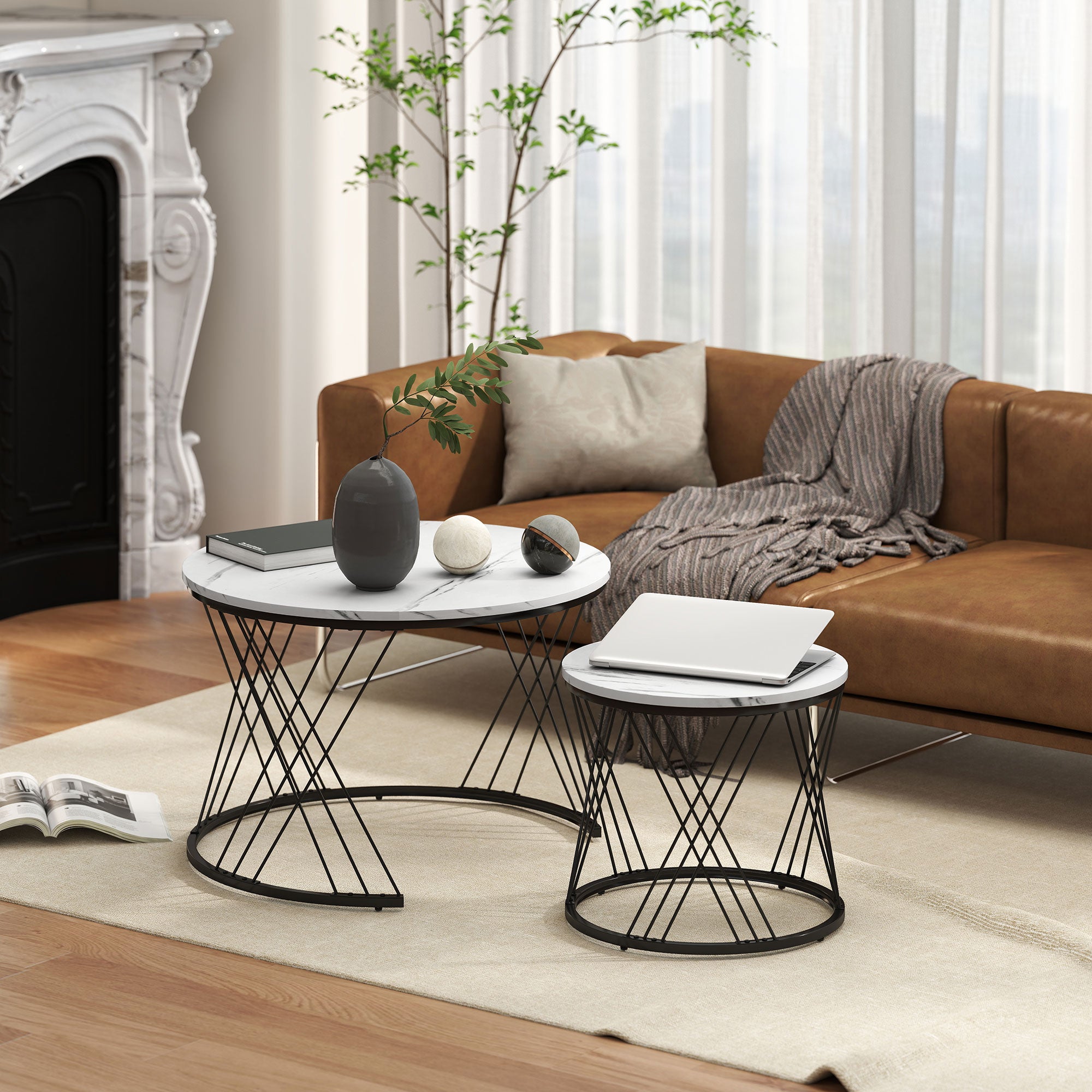 HOMCOM Couchtische im 2er-Set, Marmoroptik, Spanplatte, Metall, runde Kaffeetische für Wohnzimmer, ineinanderstellbar, Weiß