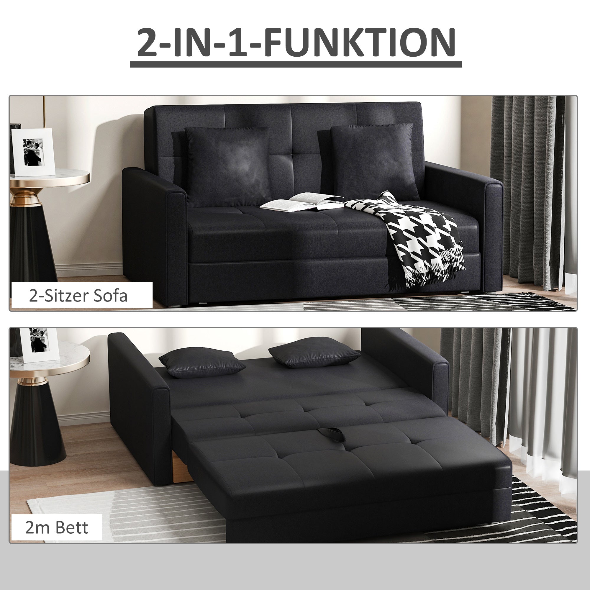 HOMCOM Schlafsofa, 2er-Sofa, mit verstecktem Stauraum, Pollycotton, Dunkelgrau
