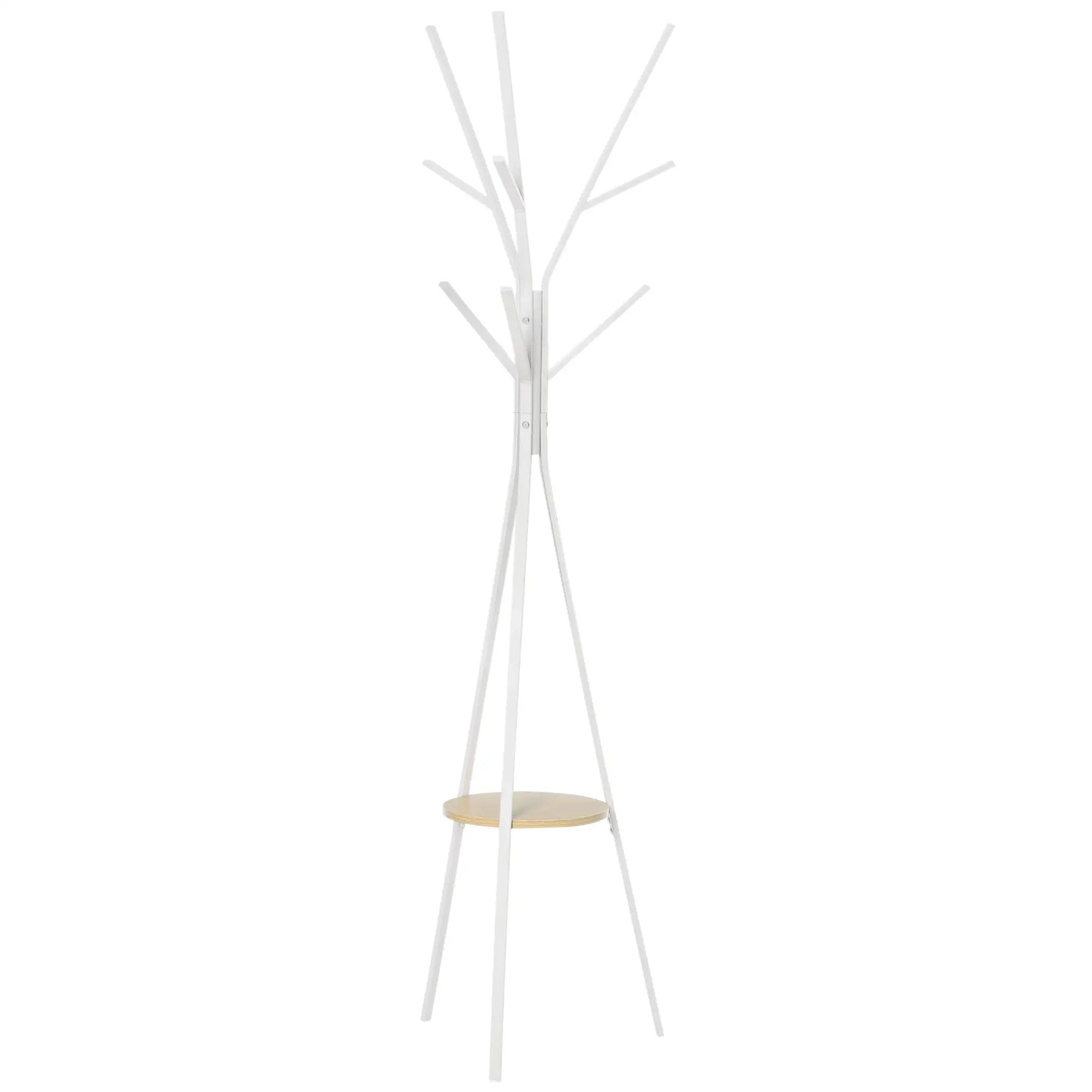 HOMCOM Garderobenständer, Kleiderständer mit 8 Haken, Garderobe mit Ablage, Standgarderob für Kleidung, Hüte, Taschen, Metall, Weiß, 45 x 45 x 180 cm