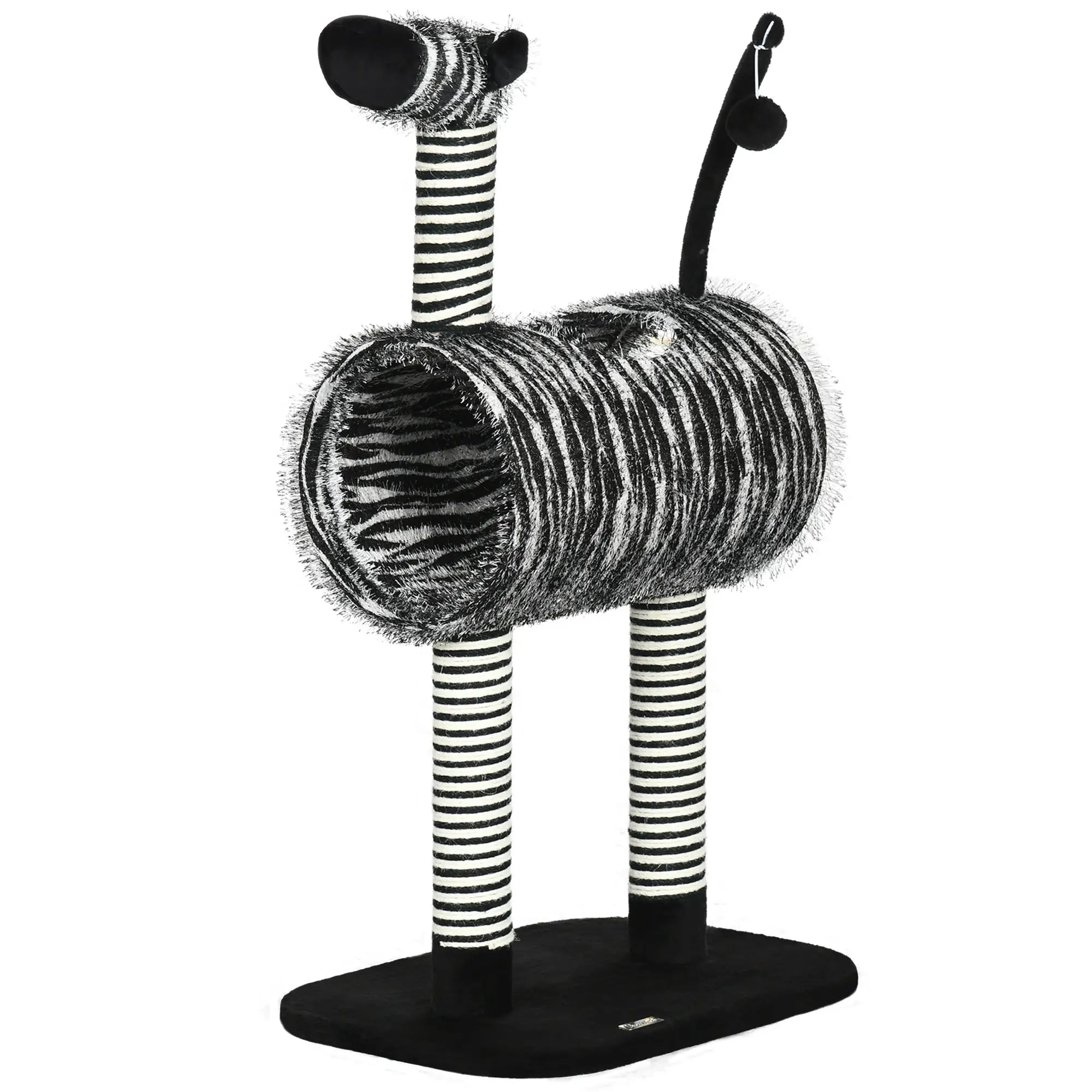 PawHut Kratzbaum im Zebra-Design, 1 Katzentunnel, 3 Kratzstämme 48,5 cm x 35 cm x 93 cm, Schwarz + Weiß