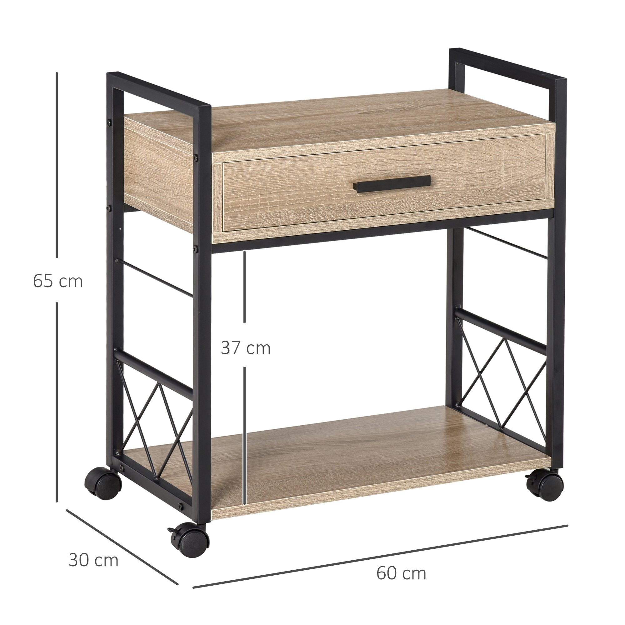 HOMCOM Beistelltisch Servierwagen mit Rädern Küchenwagen Kaffeetisch mit Schublade Ablage Sideboard beweglich Spanplatte Natur 60 x 30 x 65 cm