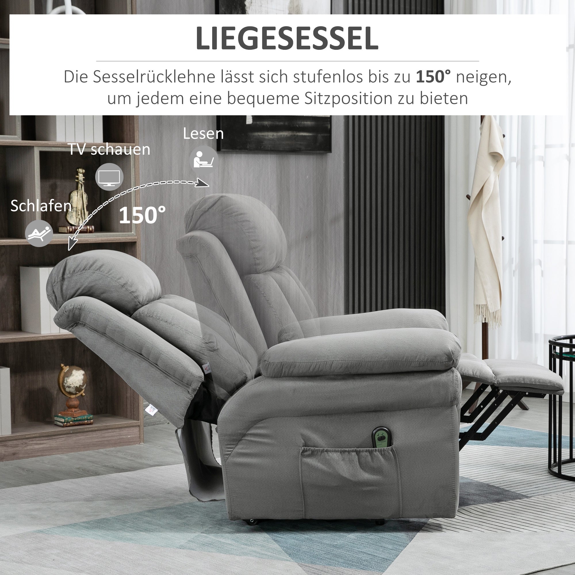HOMCOM Fernsehsessel mit Aufstehhilfe, Relaxsessel. mit ausklappbarer Fußstütze, inkl. Fernbedienung, Grau