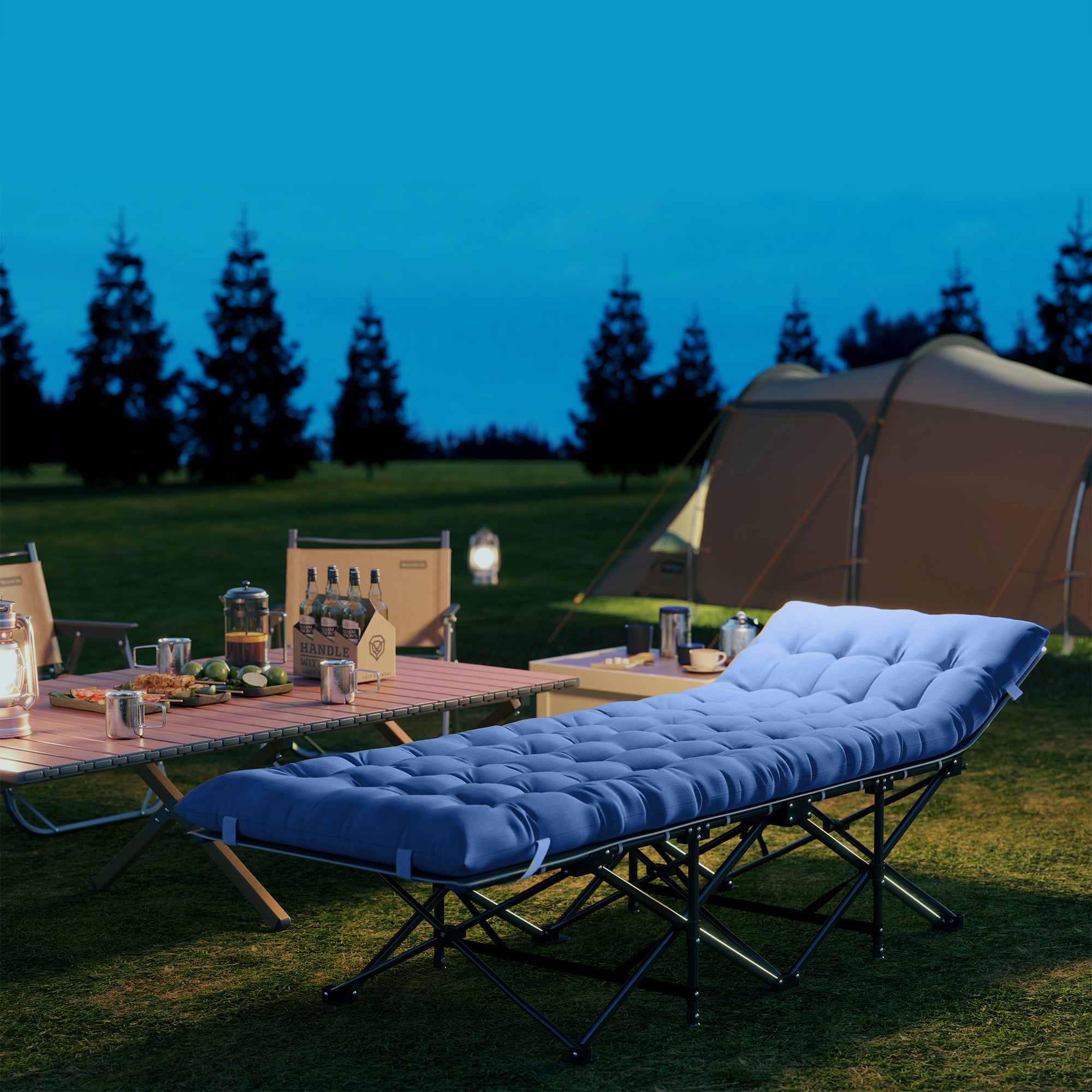 Outsunny Feldbett faltbar Campingbett mit Matratze Kopfkissen Seitentasche 190 x 65 x 37 cm bis 150 kg Dunkelblau