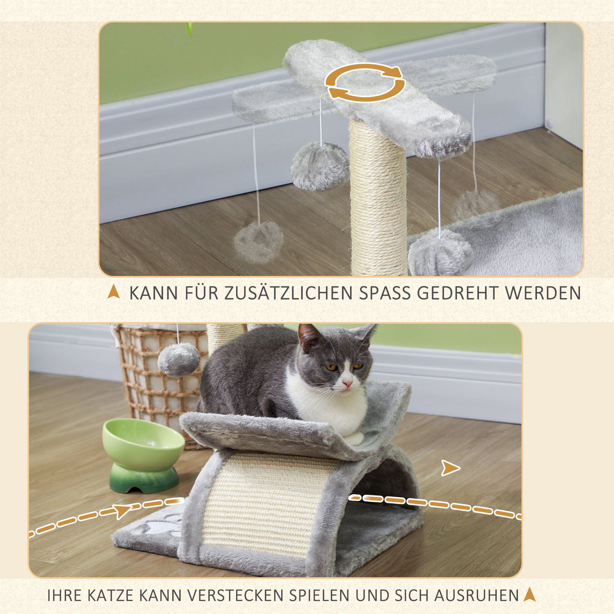 PawHut Kratzbaum klein Katzenkratzbaum Spielbaum Kratzstamm für Katzen mit Spielball Braun 40 x 30 x 43 cm
