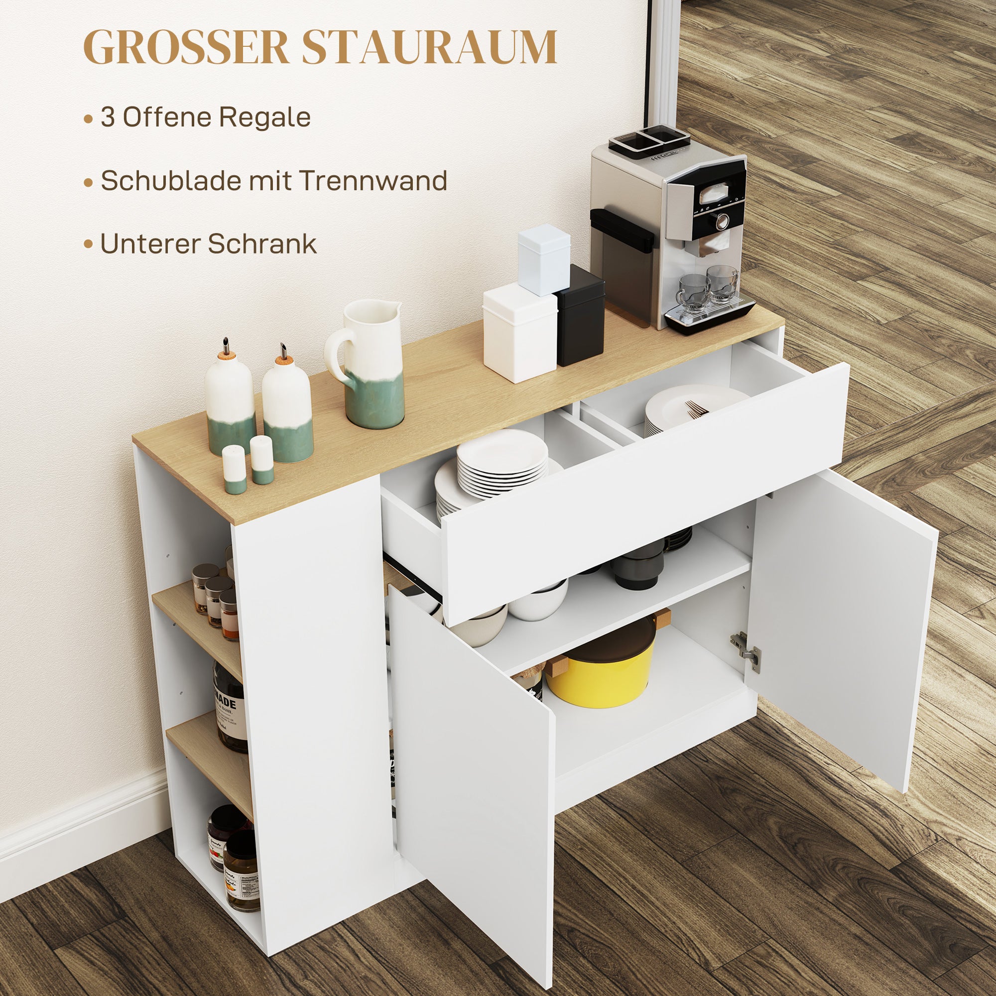 HOMCOM Sideboard, großes Schrankfach, 3 Ablagefächer, Schublade, 105 x 30 x 81,5cm, Weiß/Holz