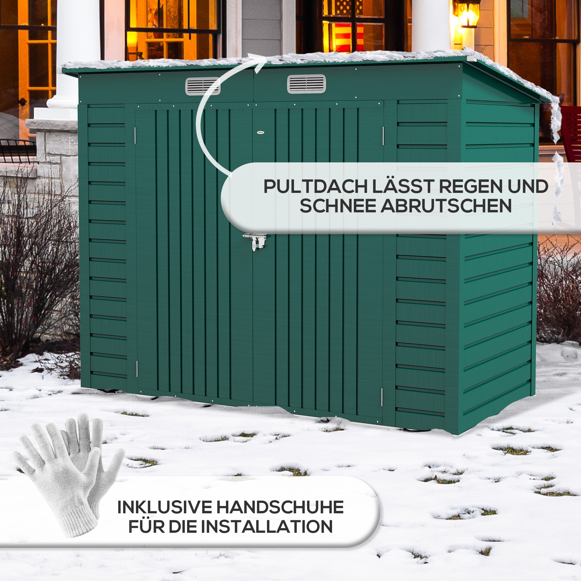 Outsunny Gerätehaus, Metall-Gartenhaus mit Pultdach, 249 x 121 x 166/183 cm, Einfache Montage, mit Doppeltüren, Grün