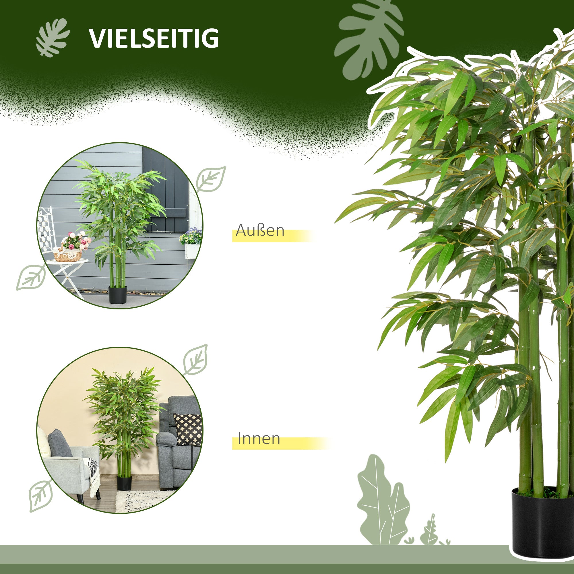 HOMCOM Künstliche Pflanze, Bambus aus Kunststoff im Topf, 780 Blätter, realistischer Look, kaum Pflegeaufwand, 140 cm, Grün