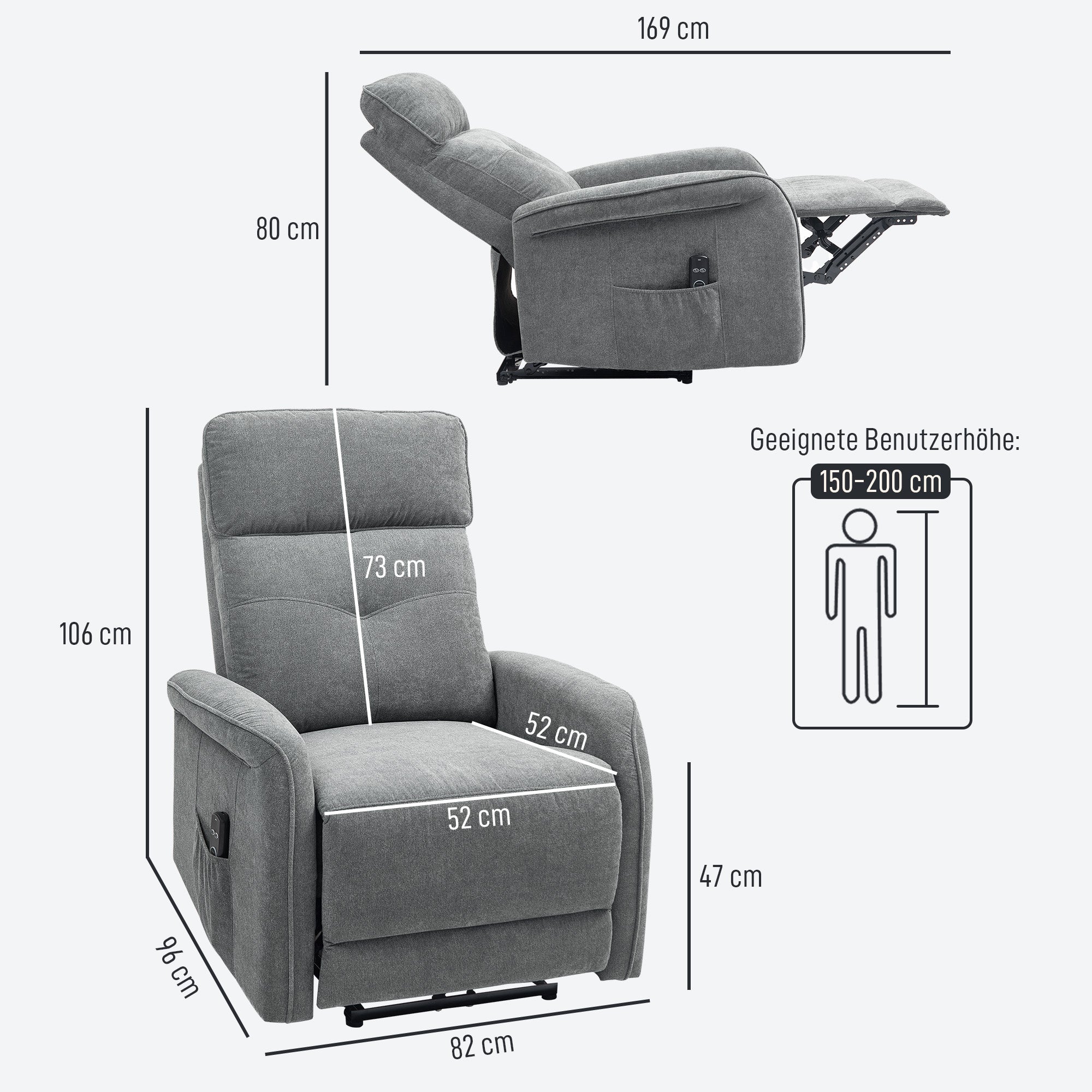 HOMCOM Massagesessel mit Fernbedienung, 8 Massagepunkte, Lendenheizung, USB-Anschluss, Seitentasche, Polstersessel, Grau