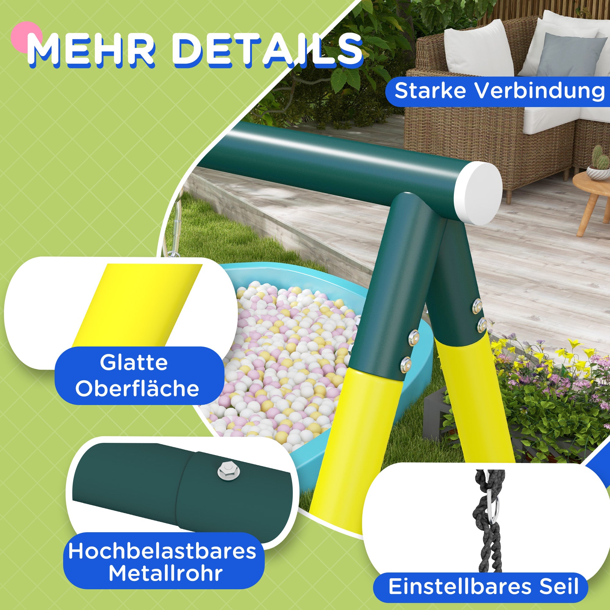 Outsunny Kinderschaukel-Gerüst mit 2 Schaukeln, Basketballkorb, Kletterleiter, 267x180x202 cm, Gelb