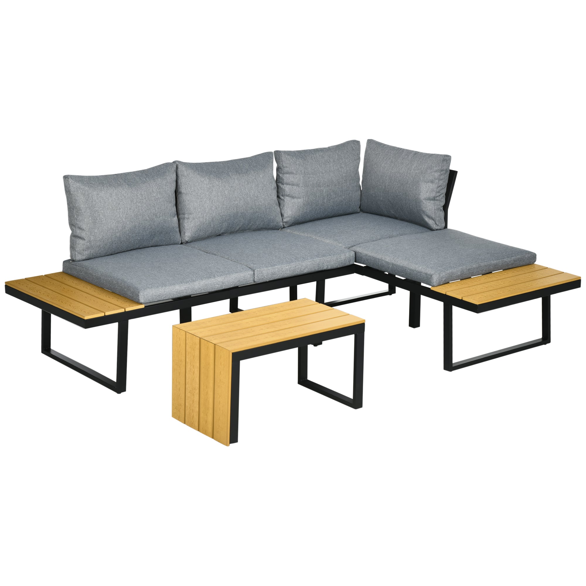 Outsunny Gartenmöbel-Set für 3 Personen Balkonmöbel mit Sitzkissen, Aluminiumrahmen, Holzoptik, Dunkelgrau+Natur