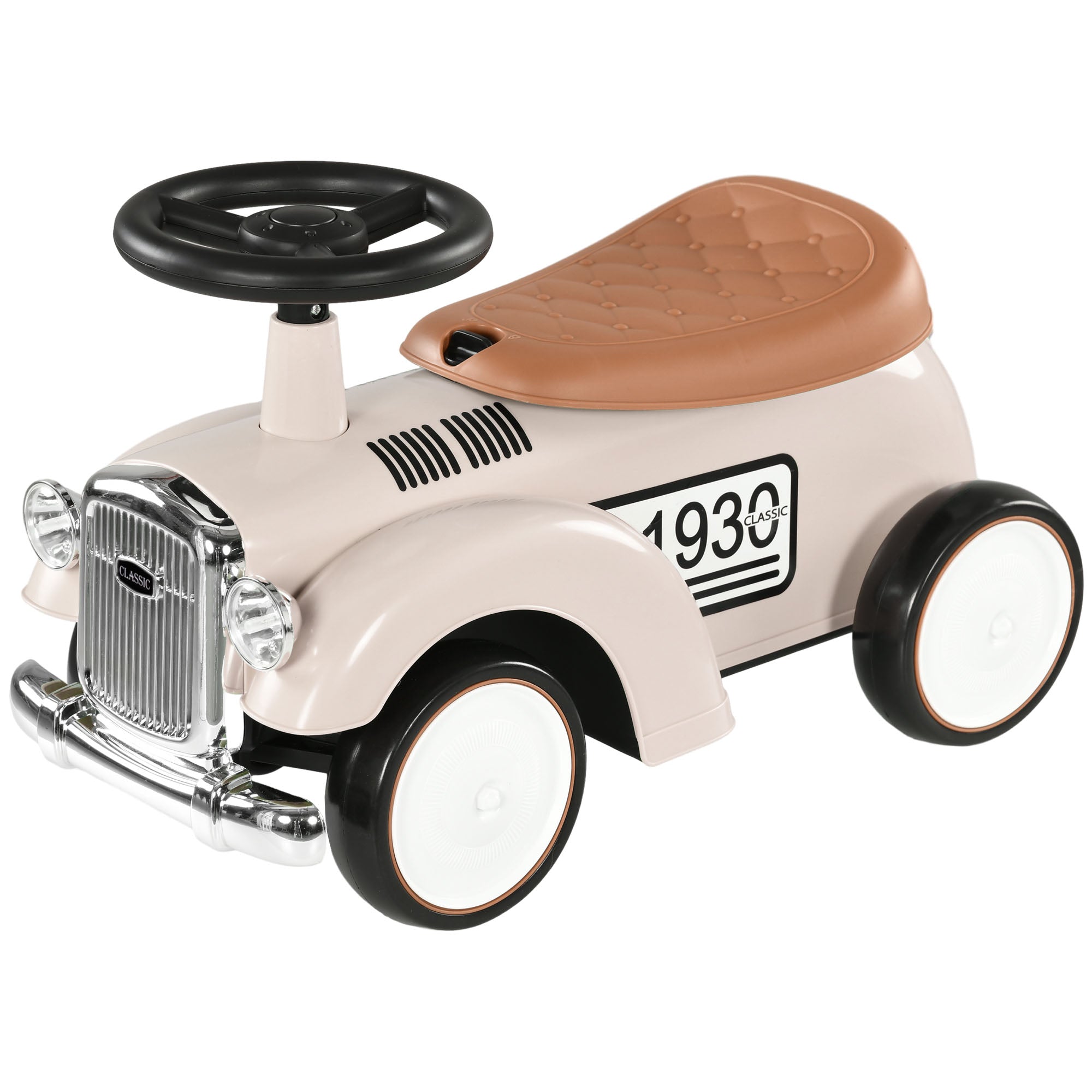 AIYAPLAY Kinder Rutschauto, Vintage-Design, versteckter Stauraum, Kippschutz, Hupe, 12-36 Monate, Cremeweiß