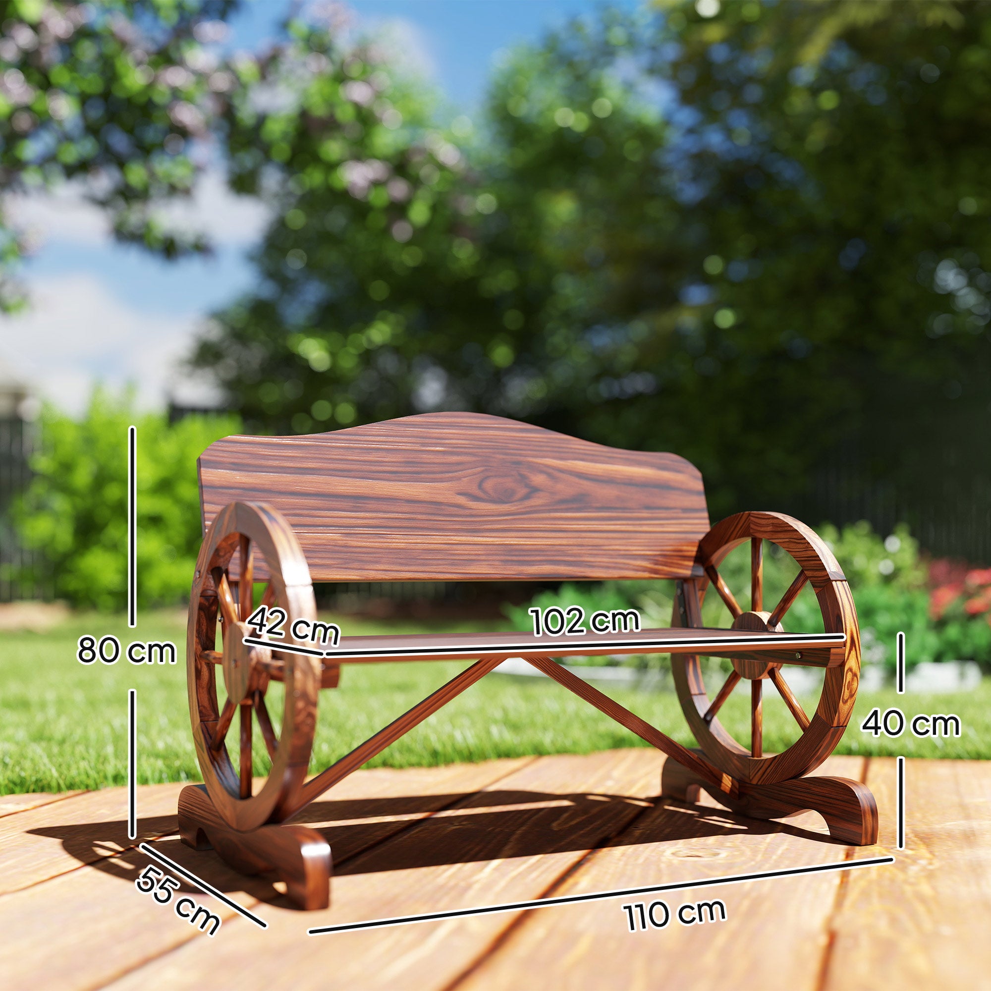 Outsunny 2-Sitzer Gartenbank mit Rad-Armlehnen, Rustikale Outdoor-Bank für Terrasse, Veranda, Fichtenholz, Braun