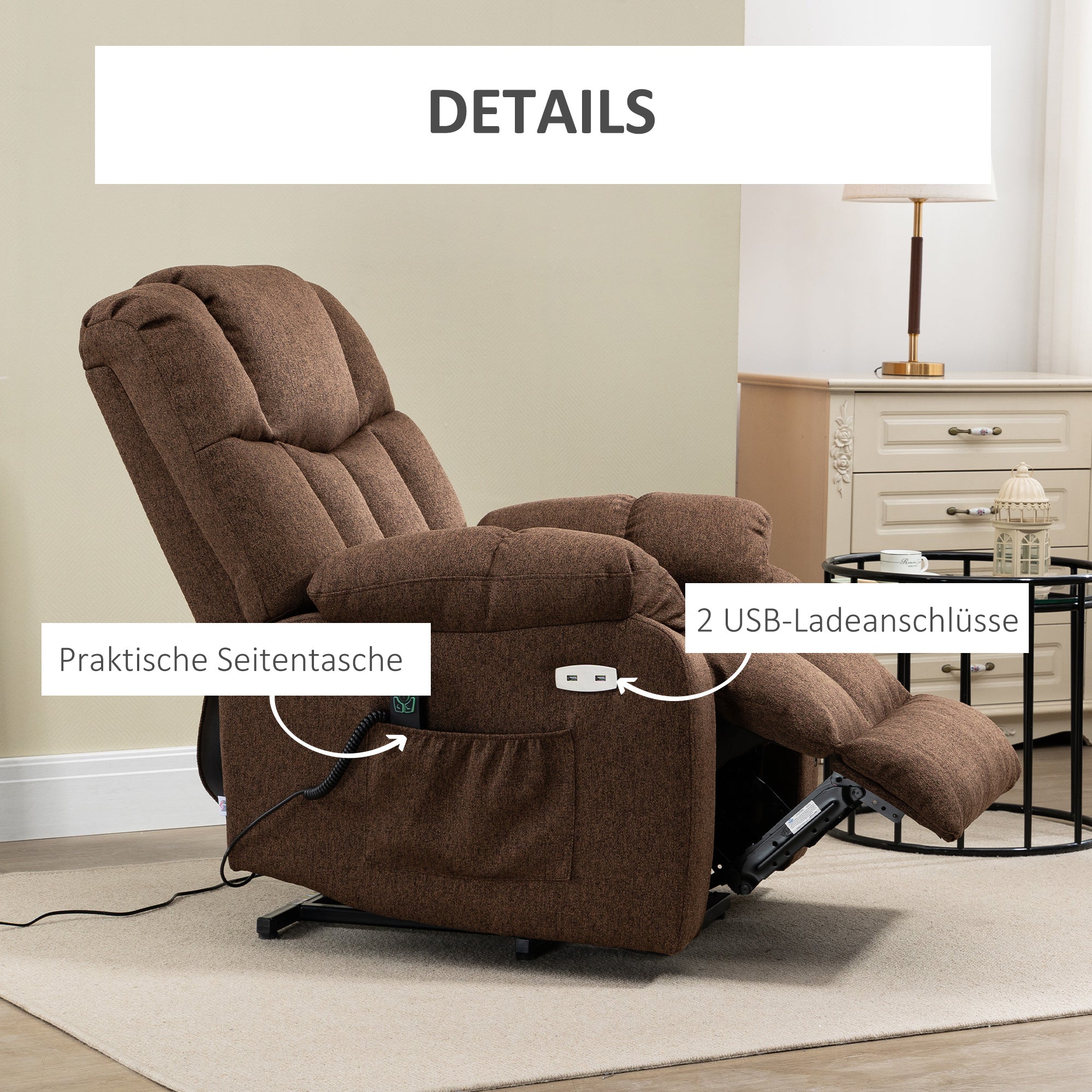 HOMCOM Aufstehsessel mit Liegefunktion und Fernbedienung 92 x 95 x 107 cm, Braun