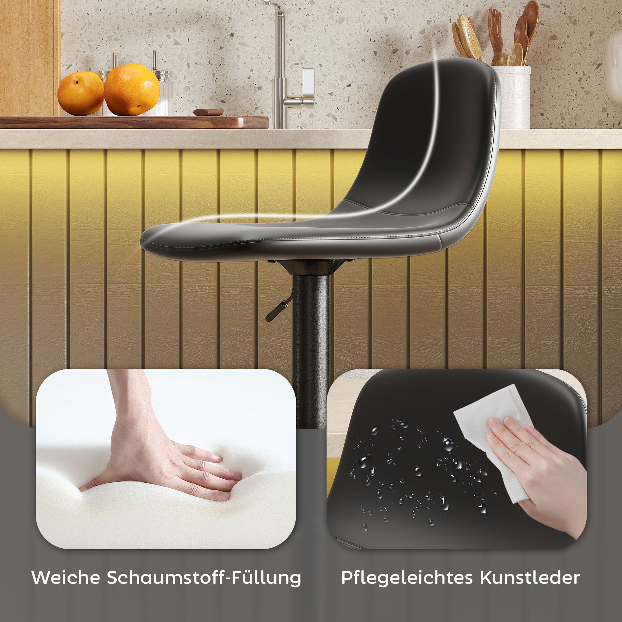 HOMCOM 2er-Set Barhocker, Barstühle mit Kunstlederbezug, drehbar, mit Rückenlehne und Fußstütze, Metallbasis, Schwarz