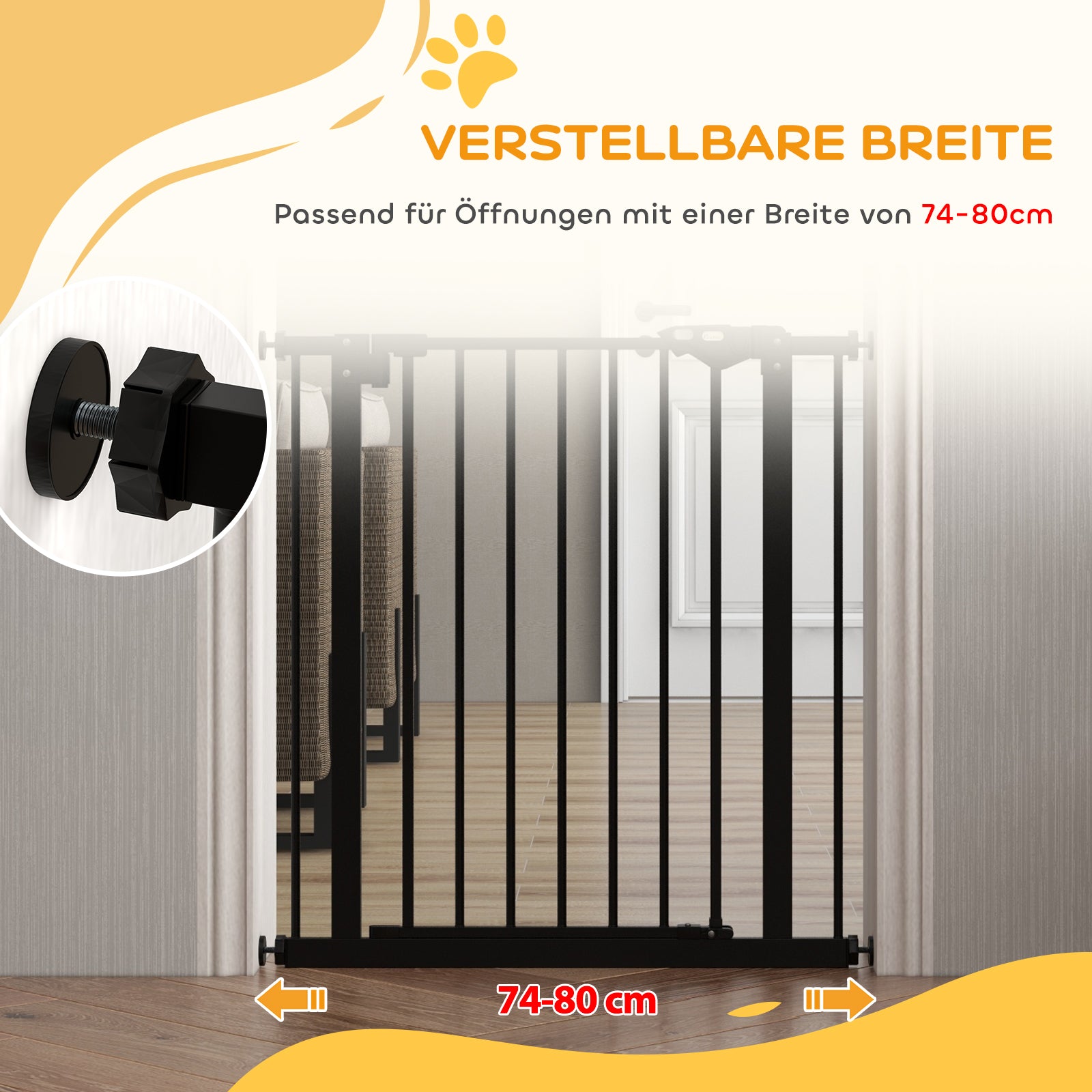 PawHut Türschutzgitter für Hunde, Absperrgitter, Schutzgitter für Haustiere, Metall, Kunststoff, 74-80 cm, Schwarz