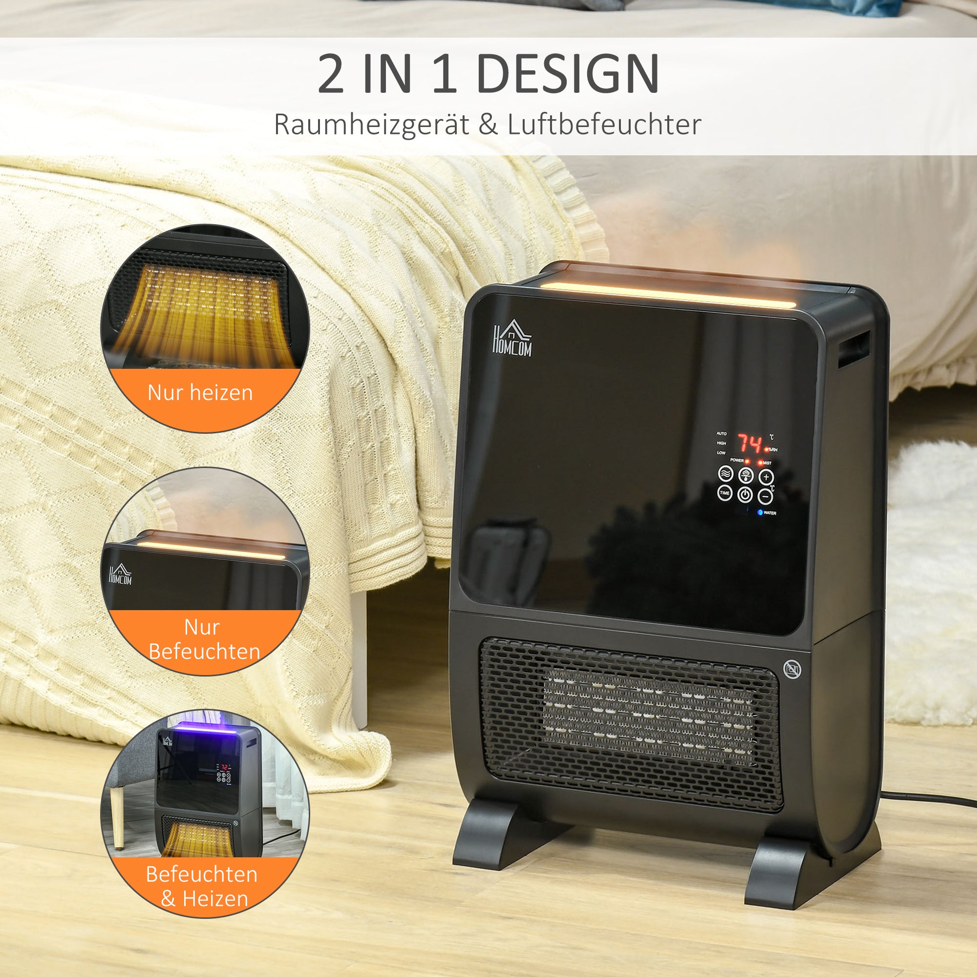HOMCOM 2-in-1 Heizlüfter, Heizgerät, LED-Licht, 8 Stunden-Timer, 33 cm x 21 cm x 49,5 cm, Schwarz